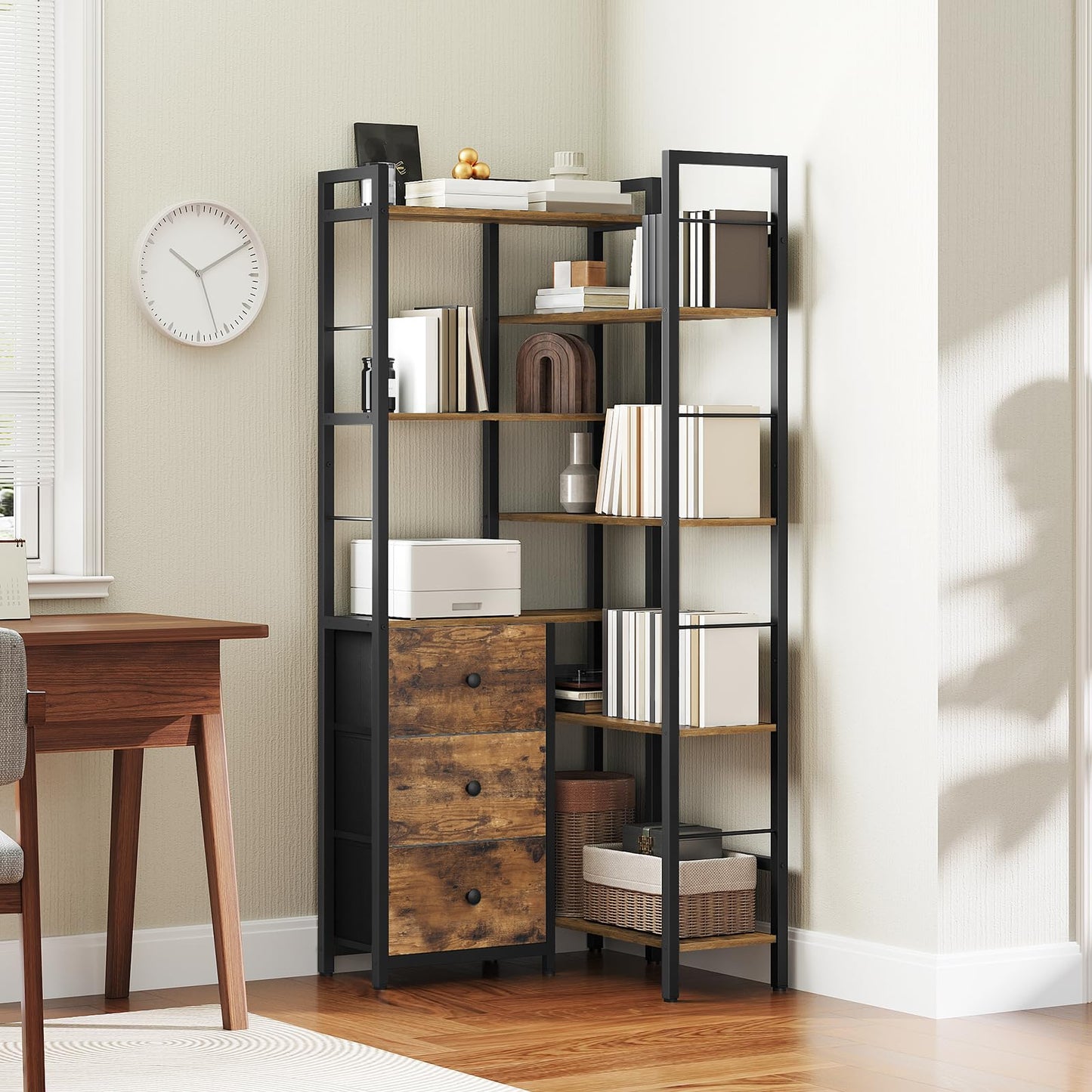 YATINEY Corner Bookshelf, 7 Tier L-Shaped Bookcase with 3 Drawers, Storage Corner Shelf, Freestanding Tall Display Shelf, Industrial Style, for Living Room, Home Office, Rustic Brown and Black SJ10BR YATINEY