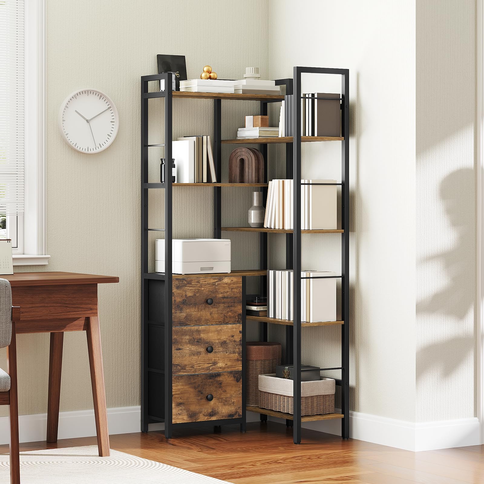 YATINEY Corner Bookshelf, 7 Tier L-Shaped Bookcase with 3 Drawers, Storage Corner Shelf, Freestanding Tall Display Shelf, Industrial Style, for Living Room, Home Office, Rustic Brown and Black SJ10BR YATINEY