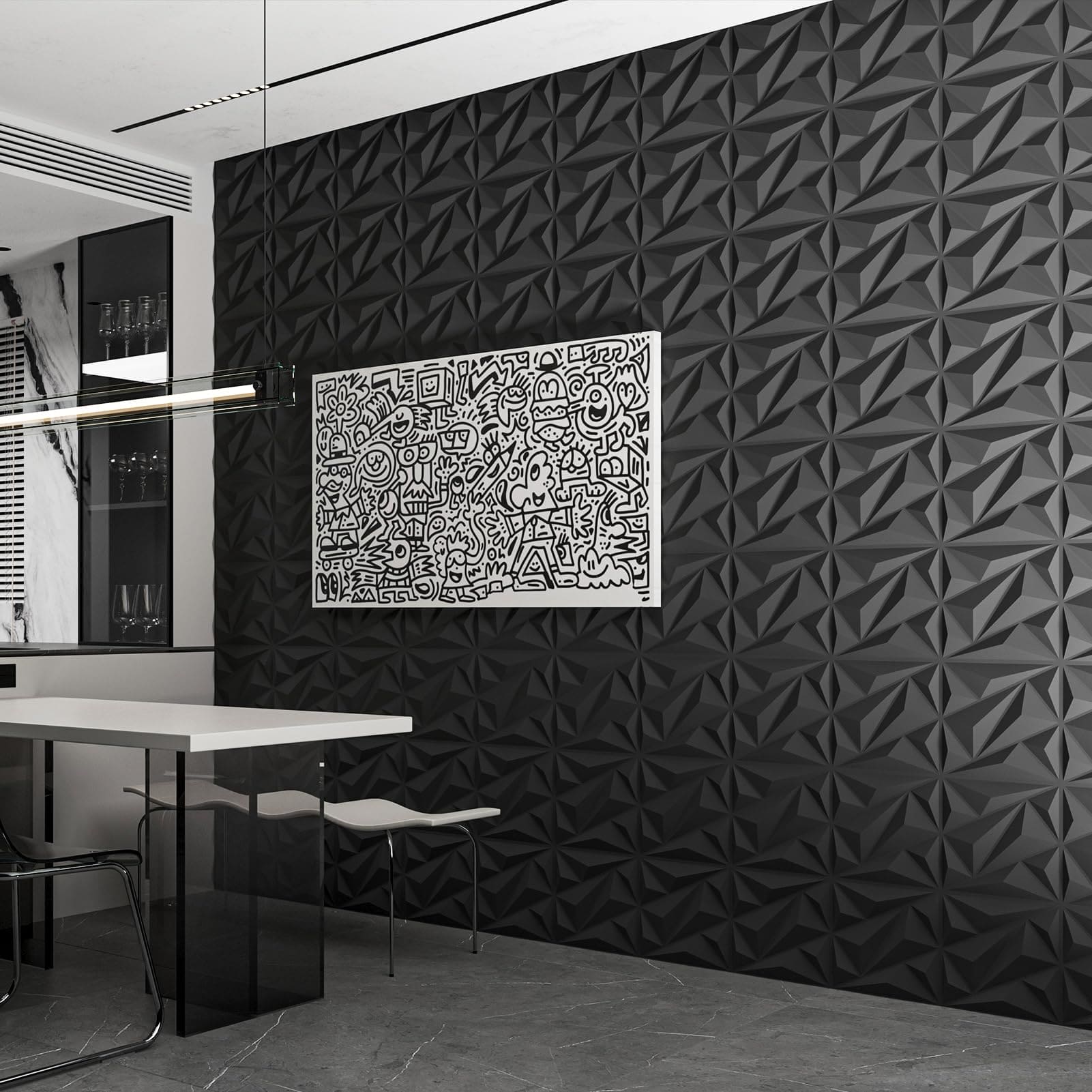 Art3dwallpanels 33 Pack 3D Wall Panel Diamond for Interior Wall Décor, PVC Flower Textured Wall Panels for Living Room Lobby Bedroom Hotel Office, Black, 12''x12'' Cover 32.Sq.Ft. Art3dwallpanels