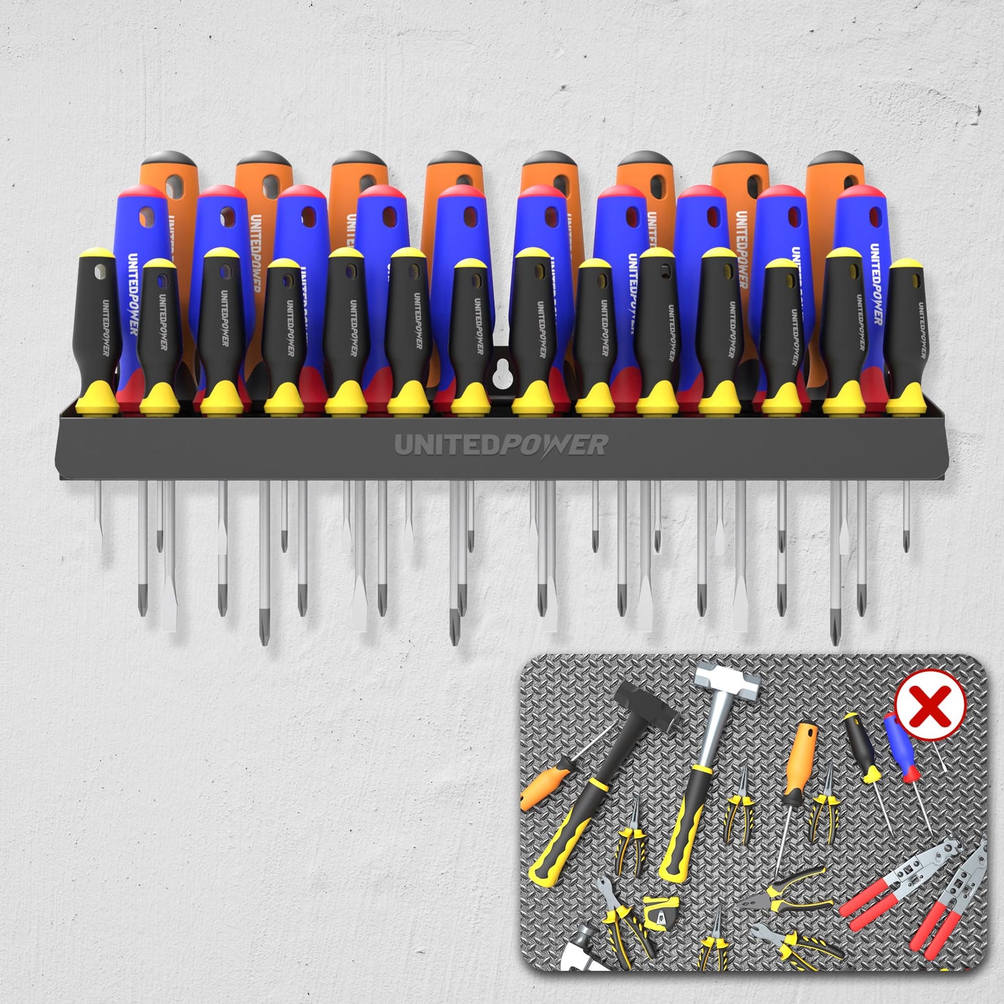 UNITEDPOWER Screwdriver Holder, Wall Mount Storage Rack Organizer for Workshop, Shed, Garage, Home, Stores up to 32 Screwdrivers or Small Tools UNITEDPOWER