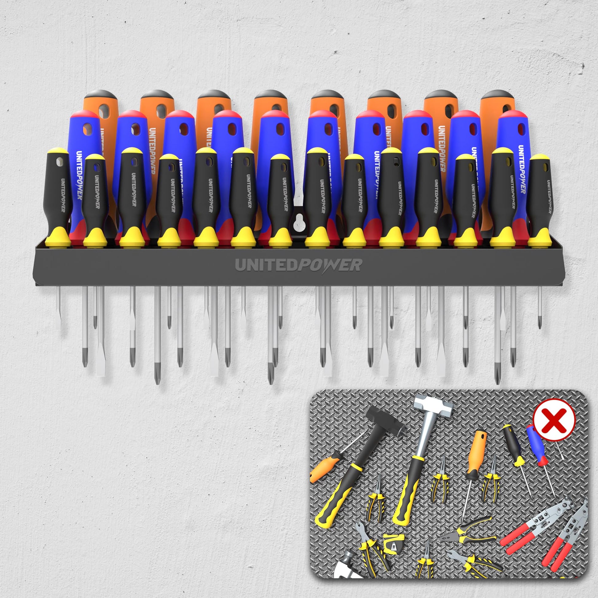 UNITEDPOWER Screwdriver Holder, Wall Mount Storage Rack Organizer for Workshop, Shed, Garage, Home, Stores up to 32 Screwdrivers or Small Tools UNITEDPOWER