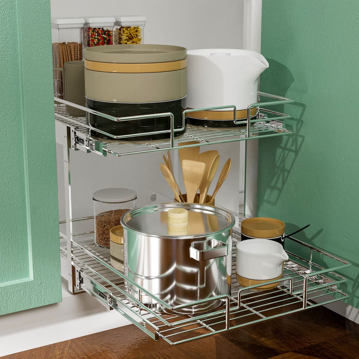 LOVMOR 2 Tier Individual Pull Out Cabinet Organizer 11"W x 21"D, Slide Out Kitchen Cabinet Storage Sliding Shelves LOVMOR