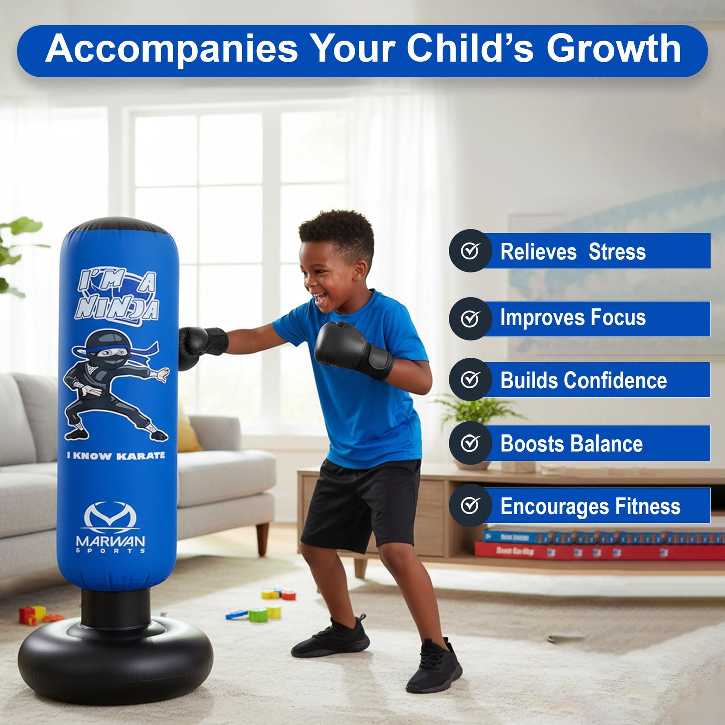 Marwan Sports Inflatable Punching Bag for Kids – 5-in-1 Birthday Set with Gloves, Pump & Fast Rebound – Fun Active Toy for Boys Ages 4-12 EBUYSTT