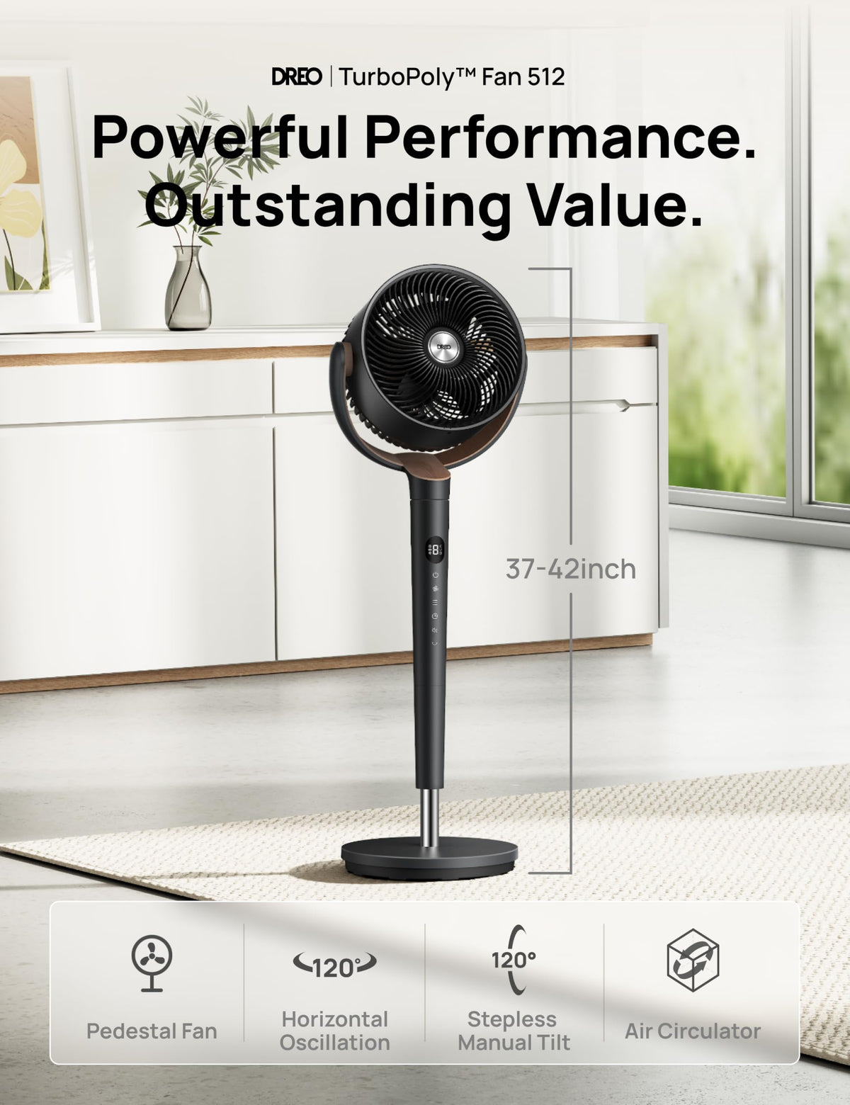 DREO Fan for Bedroom, 120° Oscillating Standing Fan, Quiet Floor Fan with DC Motor, Pedestal Fan for Room, 9 Speeds, 4 modes, 120° Manual Vertical, 37-42" Adjustable Height, 9H Timer, Dark Gray DREO