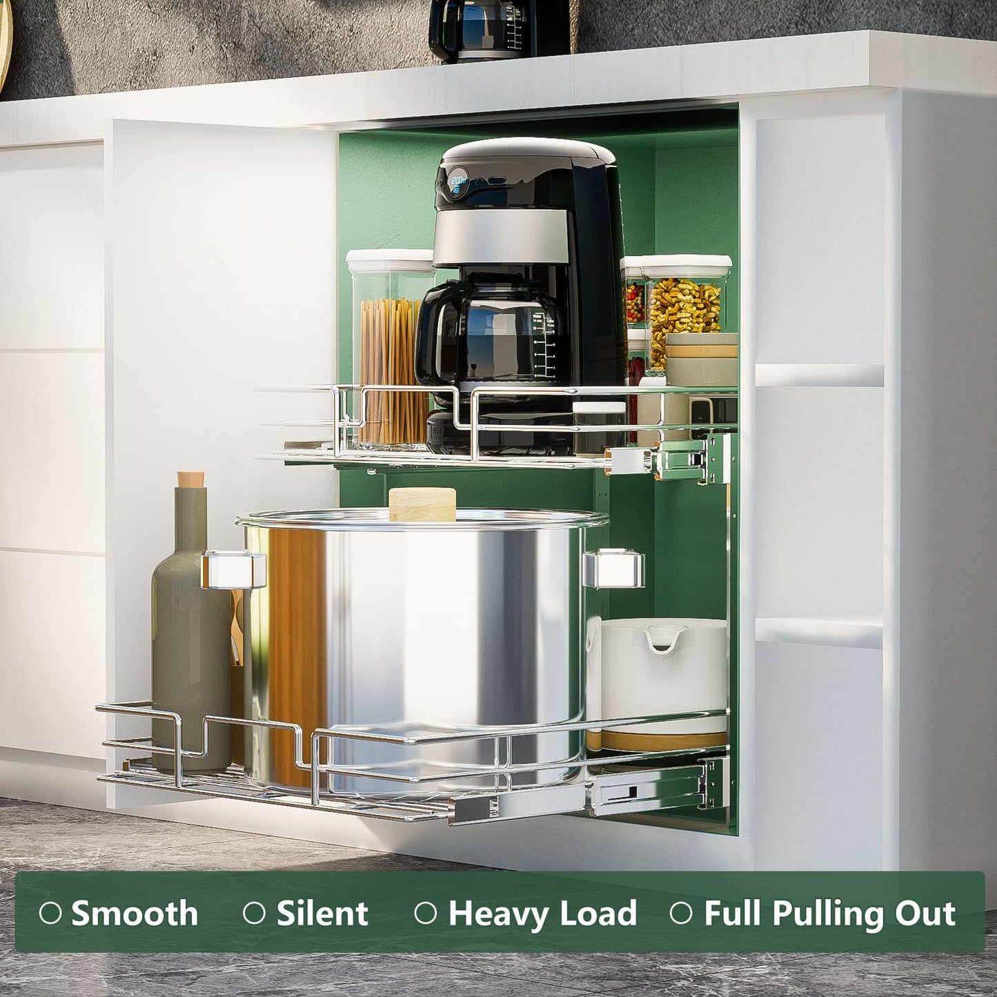 LOVMOR 2 Tier Individual Pull Out Cabinet Organizer 11"W x 21"D, Slide Out Kitchen Cabinet Storage Sliding Shelves LOVMOR