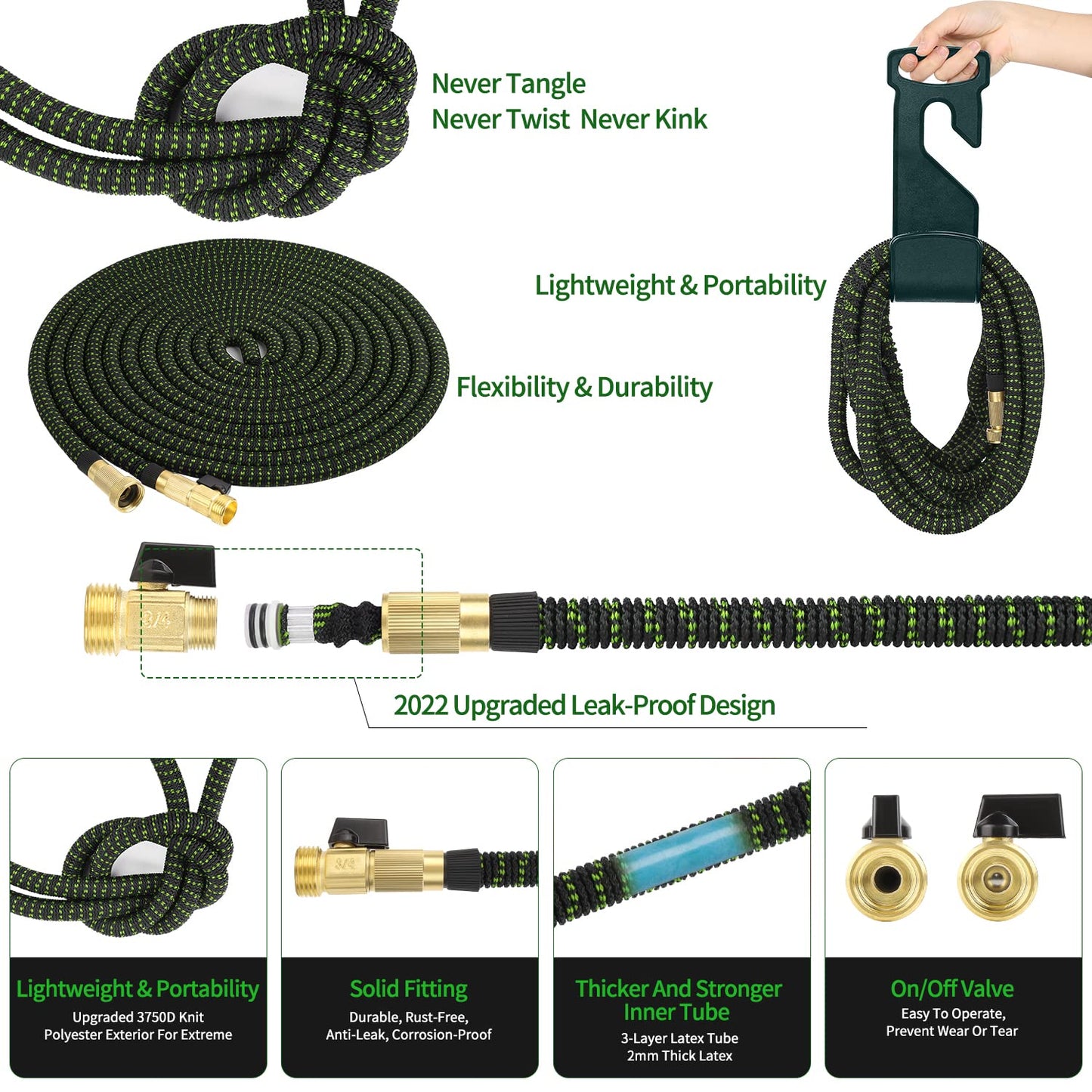 100 FT Expandable Garden Hose -with 10 Patterns Nozzle, No Kink Lightweight Flexible Hose with 3/4" Solid Fittings and 4-Layer Latex Core - 100 ft Retractable Stretch Car Washing Pipe Artistan
