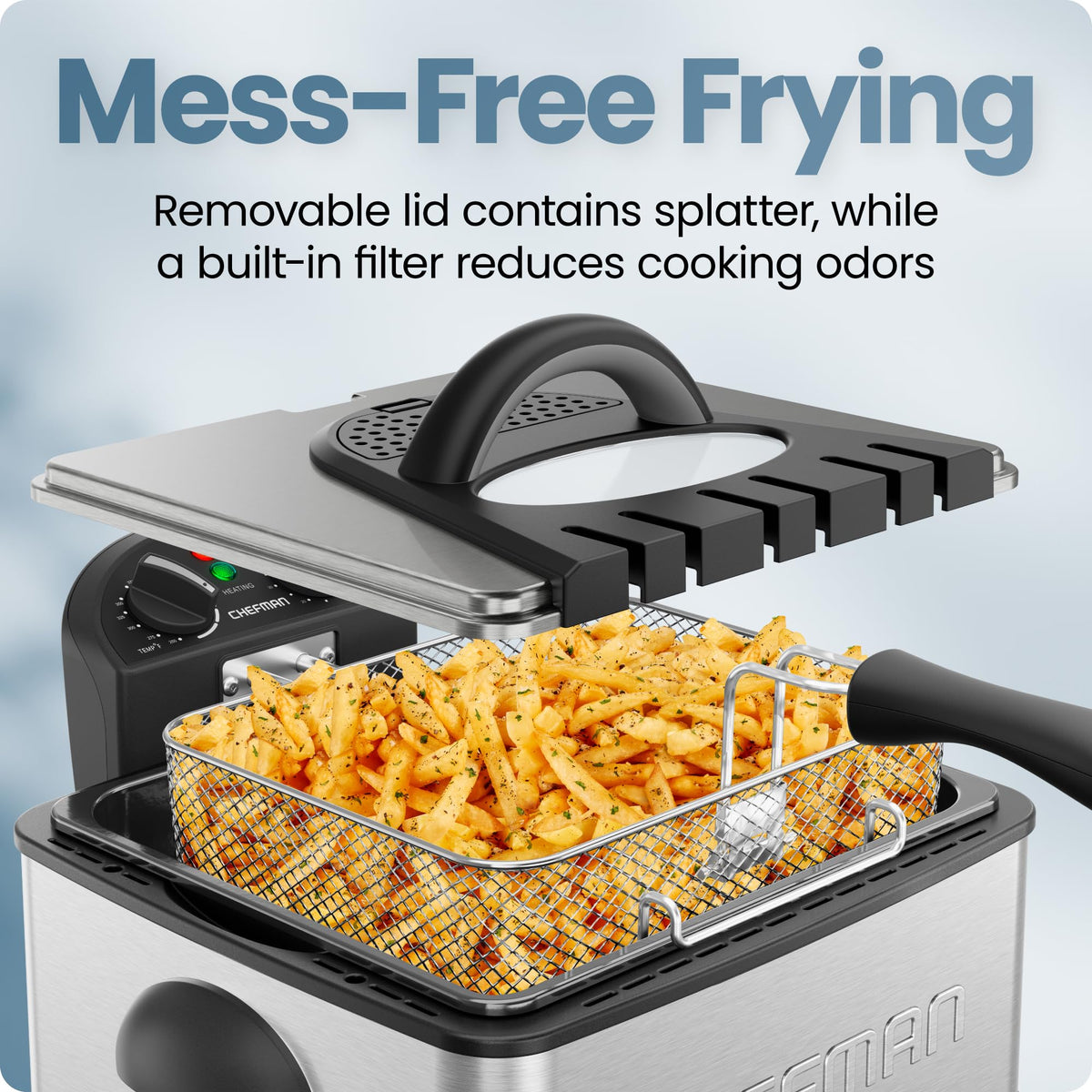 Chefman 4.5 Liter Deep Fryer w/Basket Strainer, XL Jumbo Size, Adjustable Temperature & Timer, Perfect for Fried Chicken, Shrimp, French Fries, Chips & More, Removable Oil-Container, Stainless Steel Chefman