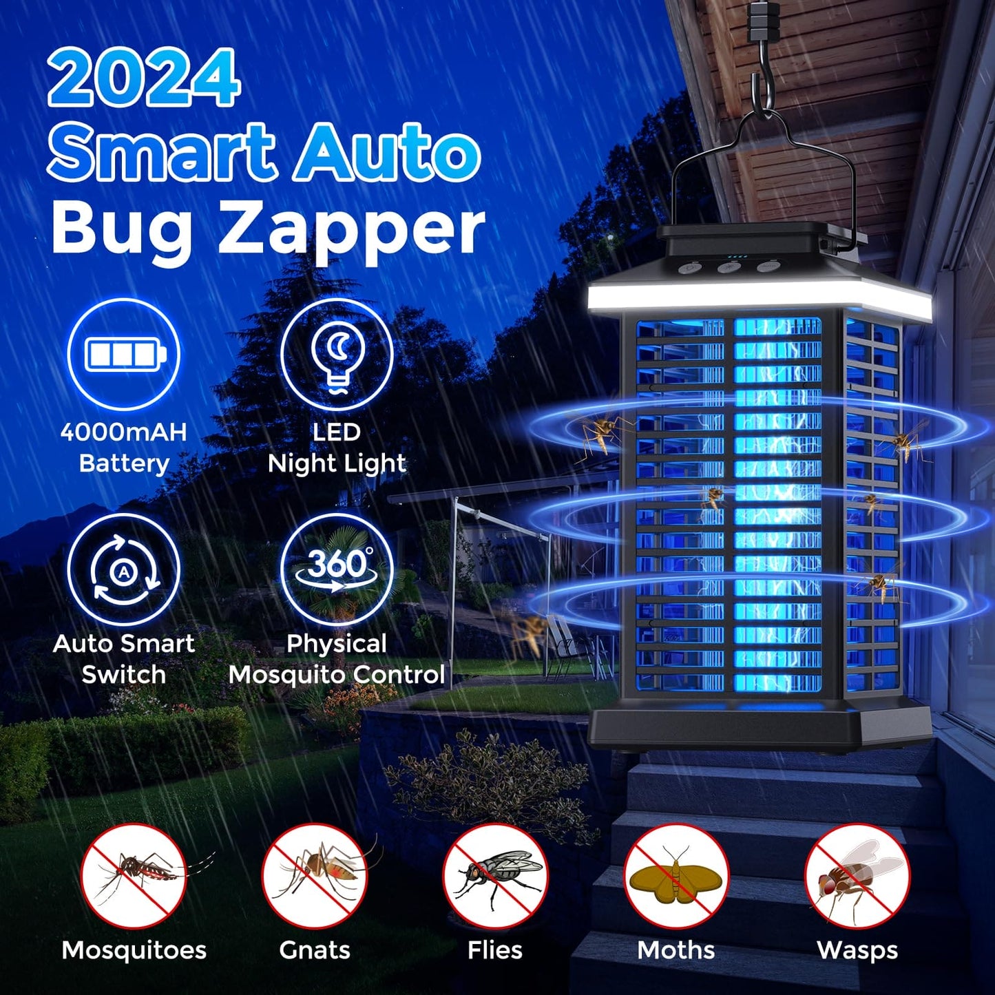 Bug Zapper Outdoor, Mosquito Zapper 2 in 1 Portable & Rechargeable Bug Zapper Outdoor with 4000mAh Battery & LED Night Light, 4000V Electric Fly Zapper for Outside,Patio,Backyard,Garden KOOSA
