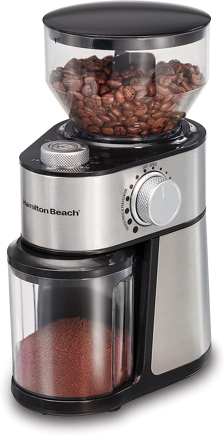 Hamilton Beach Electric Burr Coffee Grinder - Offers 18 grind settings from extra-fine to coarse with adjustable quantities from 2 to 14 cups of coffee. The large hopper holds 2 cups of whole coffee beans - 80385 Argos Distributors