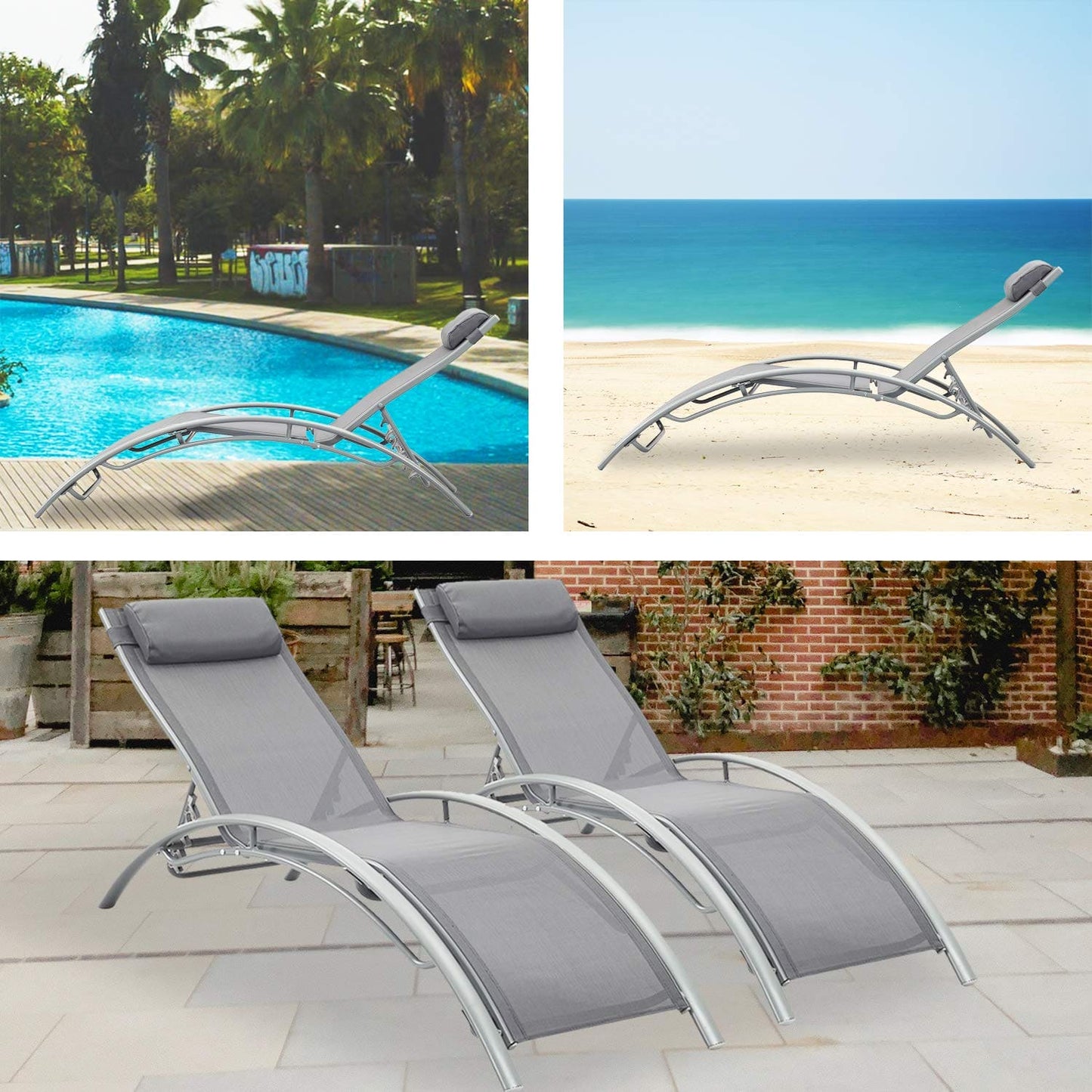 Outdoor Patio Lounge Chairs Aluminum Pool Chaise Lounges Adjustable for All Weather for Beach Backyard（2-Pack Gray ebuys