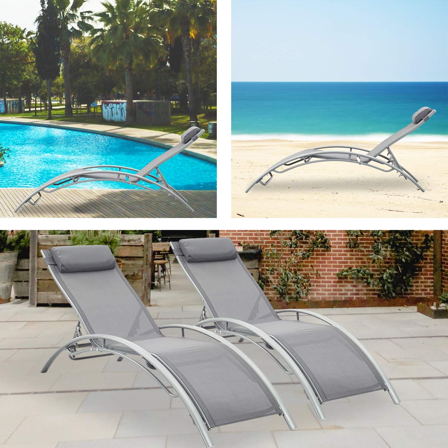 Outdoor Patio Lounge Chairs Aluminum Pool Chaise Lounges Adjustable for All Weather for Beach Backyard（2-Pack Gray ebuys