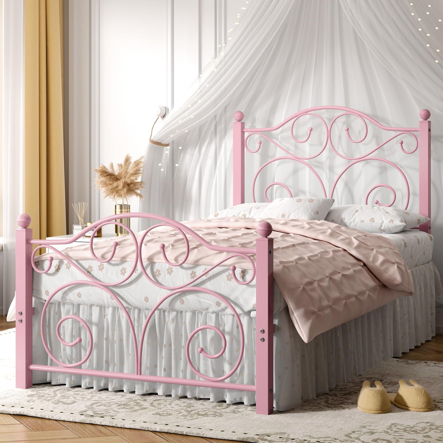 VECELO Twin Size Bed Frame with Headboard and Footboard, Heavy Duty Metal Slat Support, Platform Mattress Foundation, No Box Spring Needed, Easy Assembly, Pink VECELO