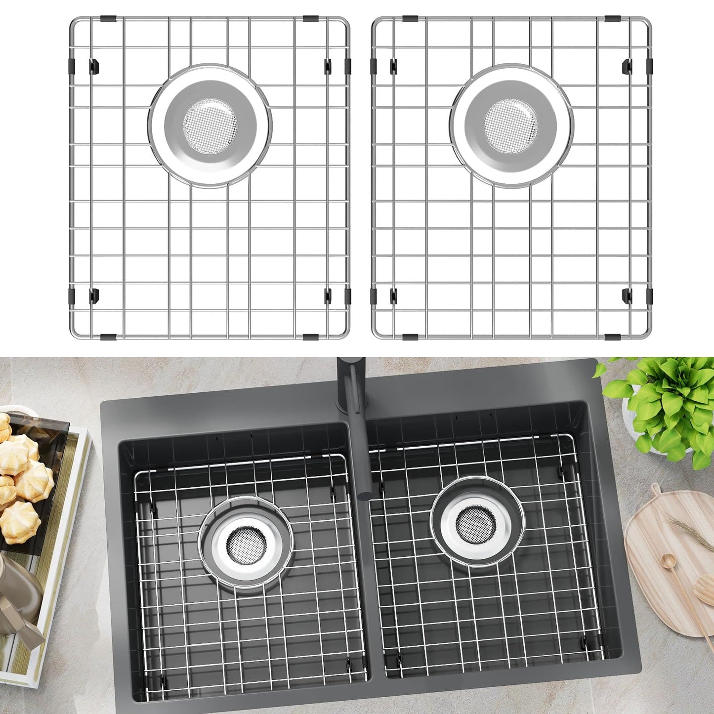 DPZM 2Pack 15" x 13" Stainless Steel Sink Protectors for Kitchen Sink, Sink Grate for Bottom of Kitchen Sink, Metal Sink Grates with Strainers, Rear Drain for Double Sink Protectors with Corner Radius DPZM