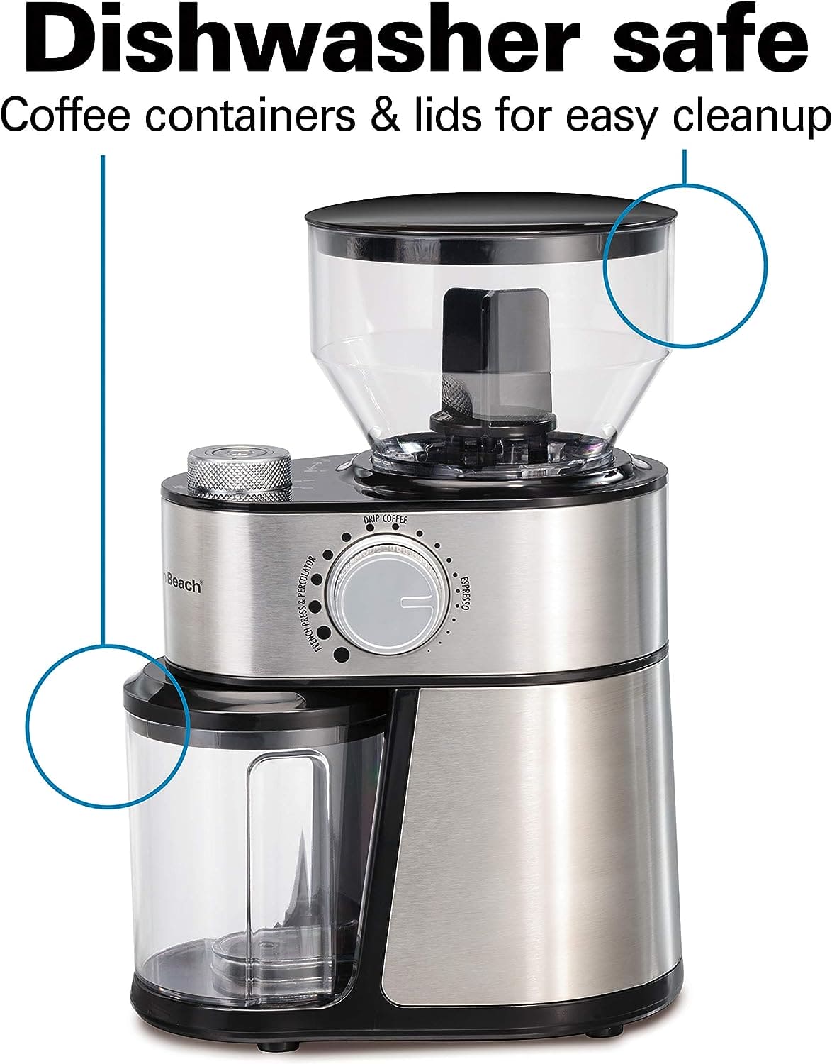 Hamilton Beach Electric Burr Coffee Grinder - Offers 18 grind settings from extra-fine to coarse with adjustable quantities from 2 to 14 cups of coffee. The large hopper holds 2 cups of whole coffee beans - 80385 Argos Distributors
