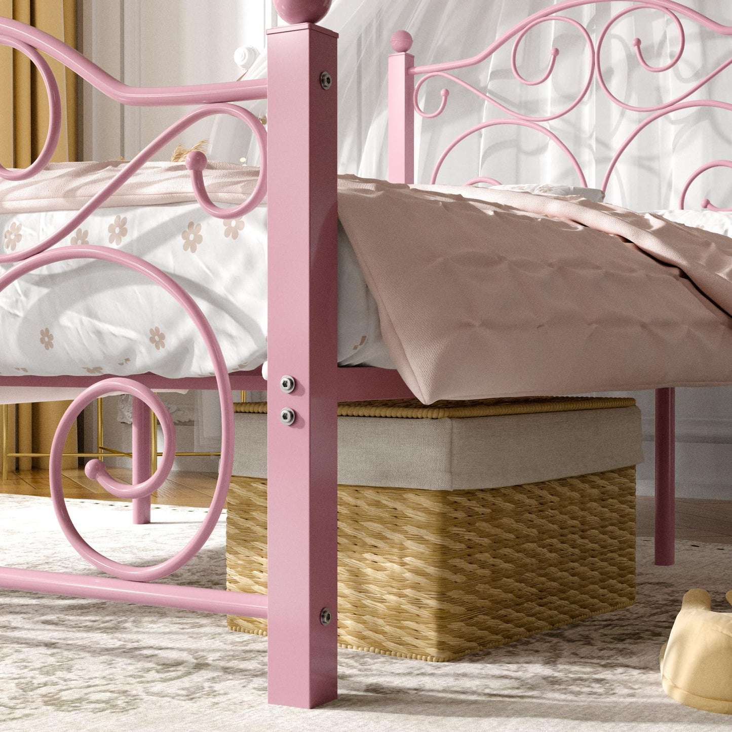 VECELO Twin Size Bed Frame with Headboard and Footboard, Heavy Duty Metal Slat Support, Platform Mattress Foundation, No Box Spring Needed, Easy Assembly, Pink VECELO