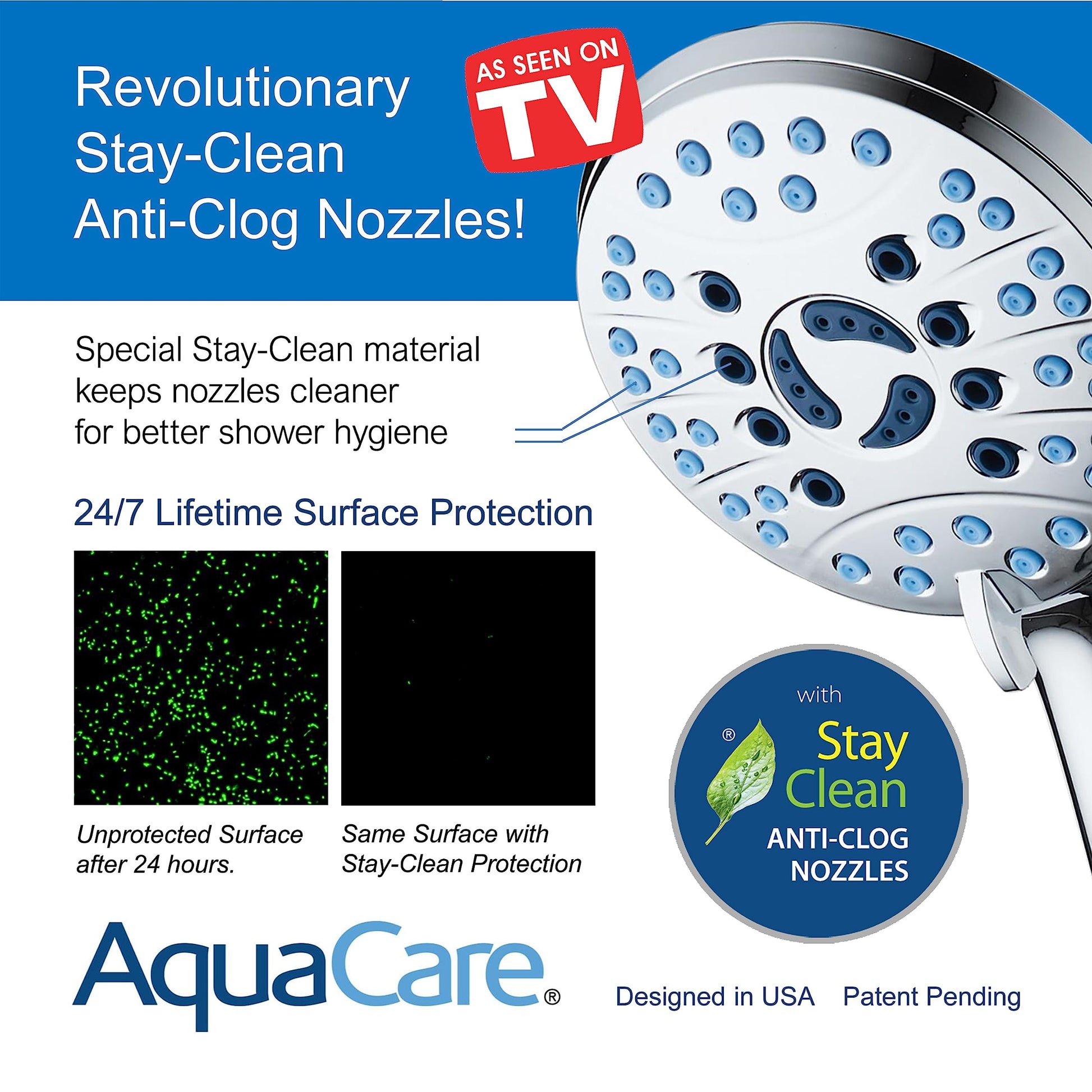 AquaCare High Pressure 8-mode Handheld Shower Head - Anti-clog Nozzles, Built-in Power Wash to Clean Tub, Tile & Pets, Extra Long 6 ft. Stainless Steel Hose, Wall & Overhead Brackets Hotel Spa