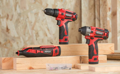 POPULO 12V Max Lithium-ion Cordless Combo Kit (3-Tool), Power Drill Driver, 1/4 in. Impact Driver, Power Rotary Tool Combo Kit with 2.0Ah Batteries (2-Pack), Charger and Tool Bag- PLCK-1202
