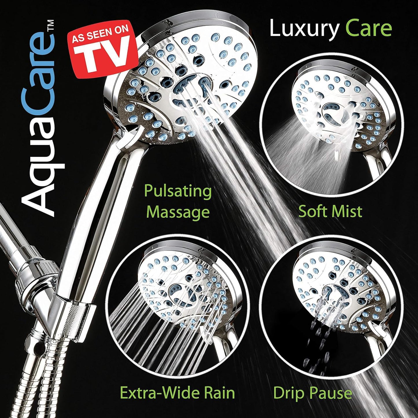 AquaCare High Pressure 8-mode Handheld Shower Head - Anti-clog Nozzles, Built-in Power Wash to Clean Tub, Tile & Pets, Extra Long 6 ft. Stainless Steel Hose, Wall & Overhead Brackets Hotel Spa