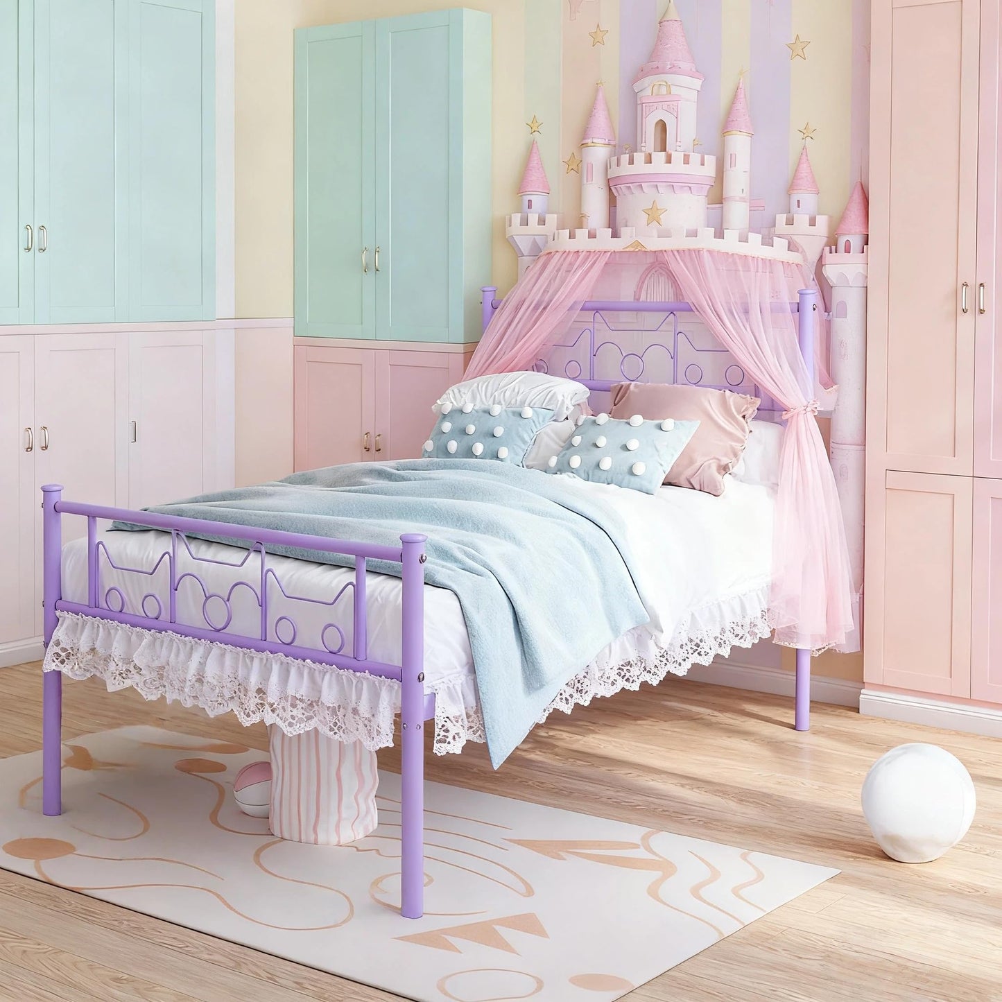 Twin Bed Frames - Twin Size Beds Princess Metal Platform Bed Frame Mattress Foundation Support for Kids Girls with Headboard, Footboard, Bedside Storage Caddy, Purple GIME