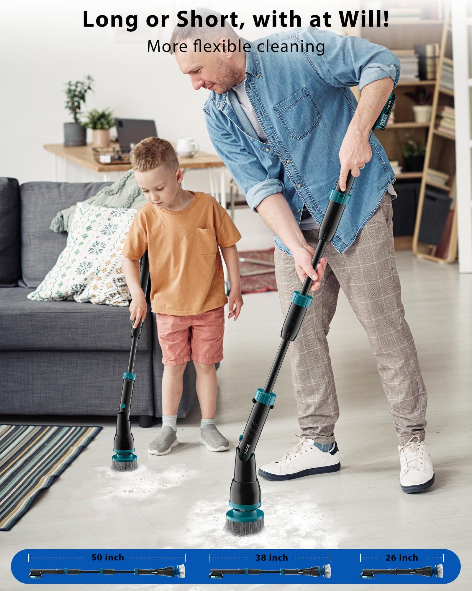 BEI & HONG Electric Spin Scrubber,1000RPM Cordless Shower Scrubber, 2.5H Power scrubber with Adjustable Extension Arm, 4 Replaceable Cleaning Heads, Electric Scrubber for Cleaning Bathroom & Tub-LXS-XDQ-001V BEI & HONG