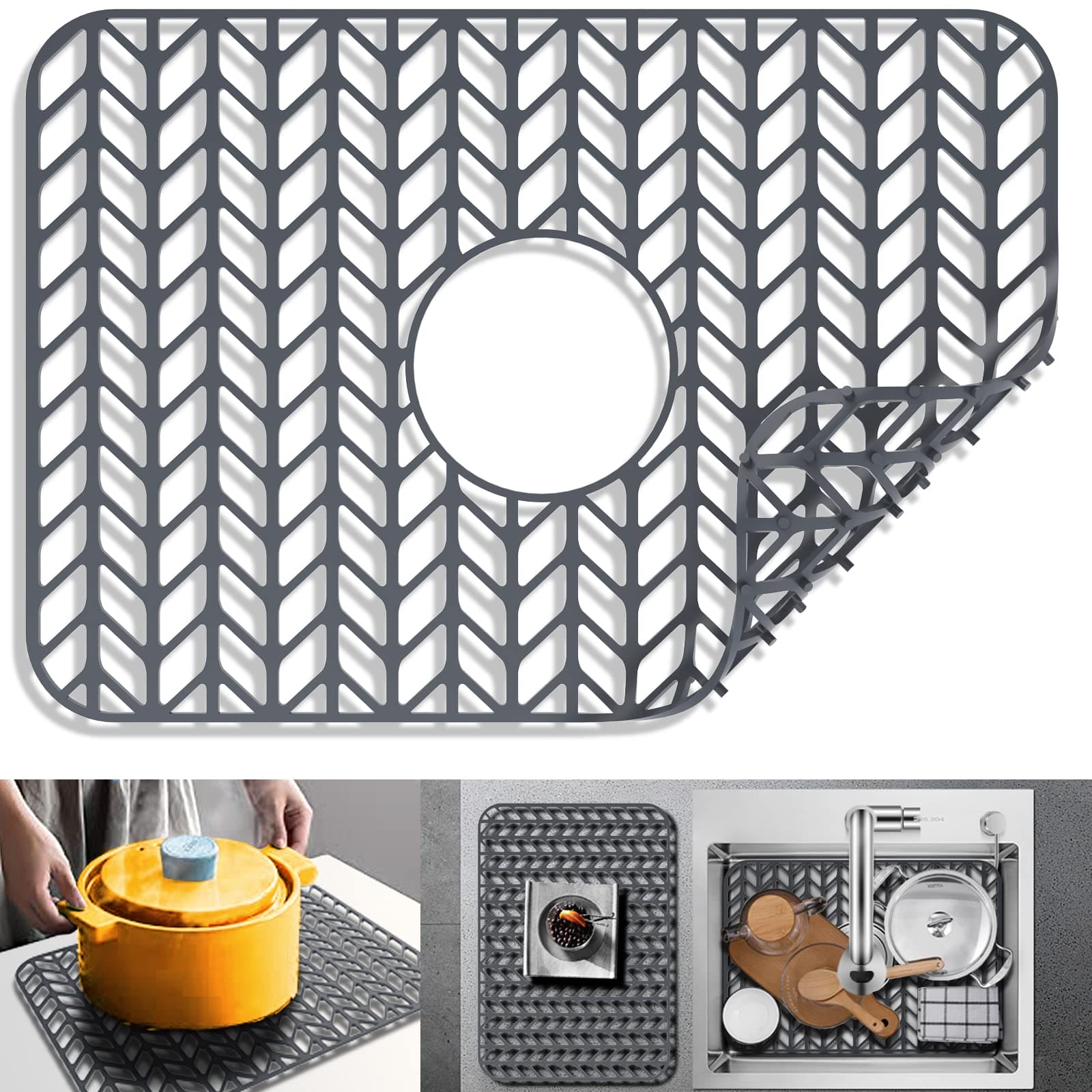 Silicone sink mat protectors for Kitchen12”13”16”18”19”24”26”28”29”.JIUBAR Kitchen Sink Protector Grid for Farmhouse Stainless Steel accessory with Center Drain.(18.2''x 12.5''Grey) JIUBAR