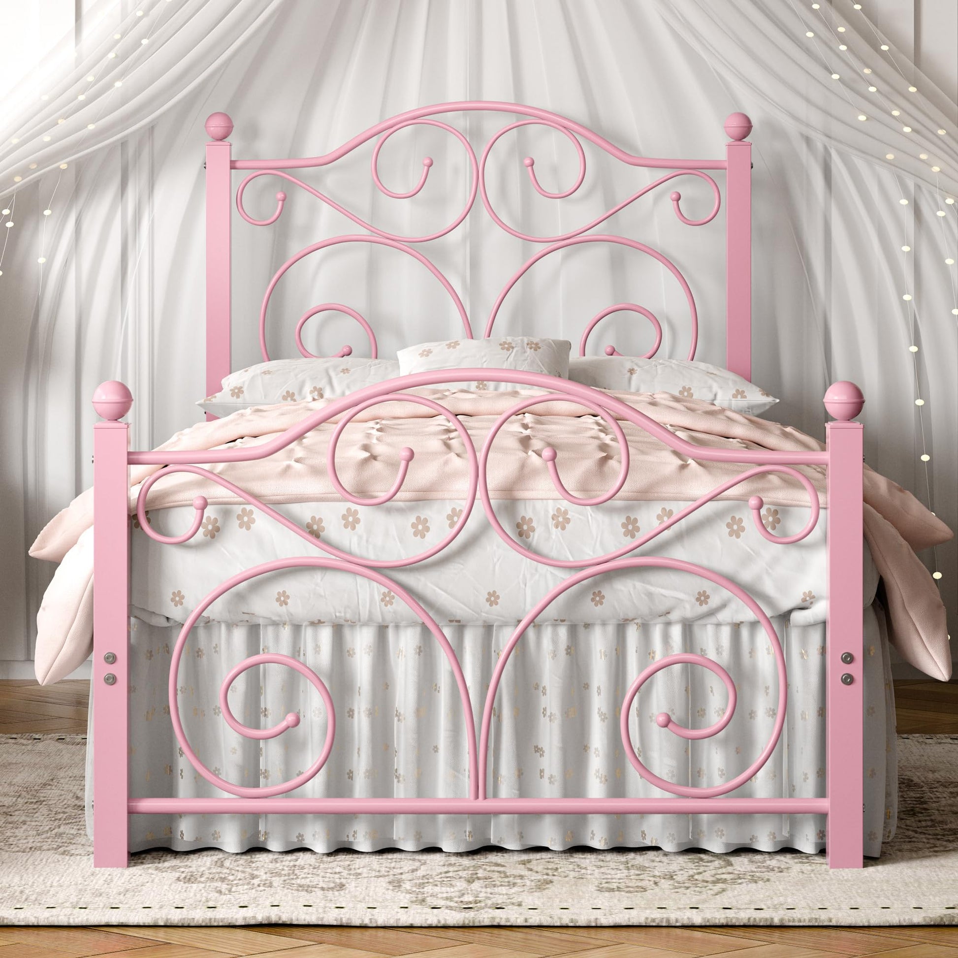 VECELO Twin Size Bed Frame with Headboard and Footboard, Heavy Duty Metal Slat Support, Platform Mattress Foundation, No Box Spring Needed, Easy Assembly, Pink VECELO