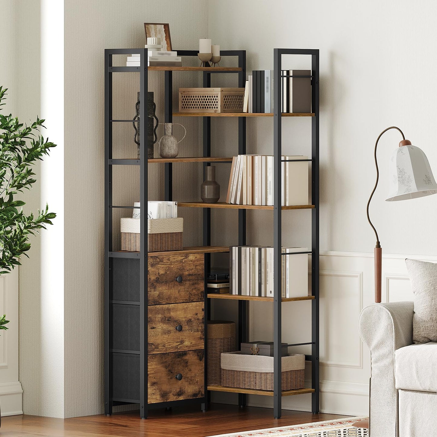 YATINEY Corner Bookshelf, 7 Tier L-Shaped Bookcase with 3 Drawers, Storage Corner Shelf, Freestanding Tall Display Shelf, Industrial Style, for Living Room, Home Office, Rustic Brown and Black SJ10BR YATINEY