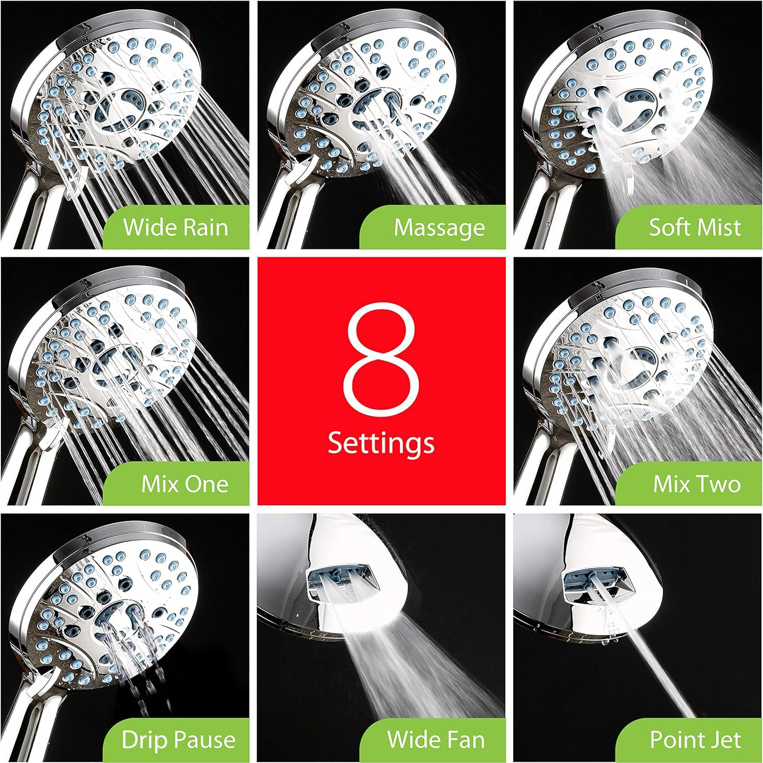 AquaCare High Pressure 8-mode Handheld Shower Head - Anti-clog Nozzles, Built-in Power Wash to Clean Tub, Tile & Pets, Extra Long 6 ft. Stainless Steel Hose, Wall & Overhead Brackets Hotel Spa