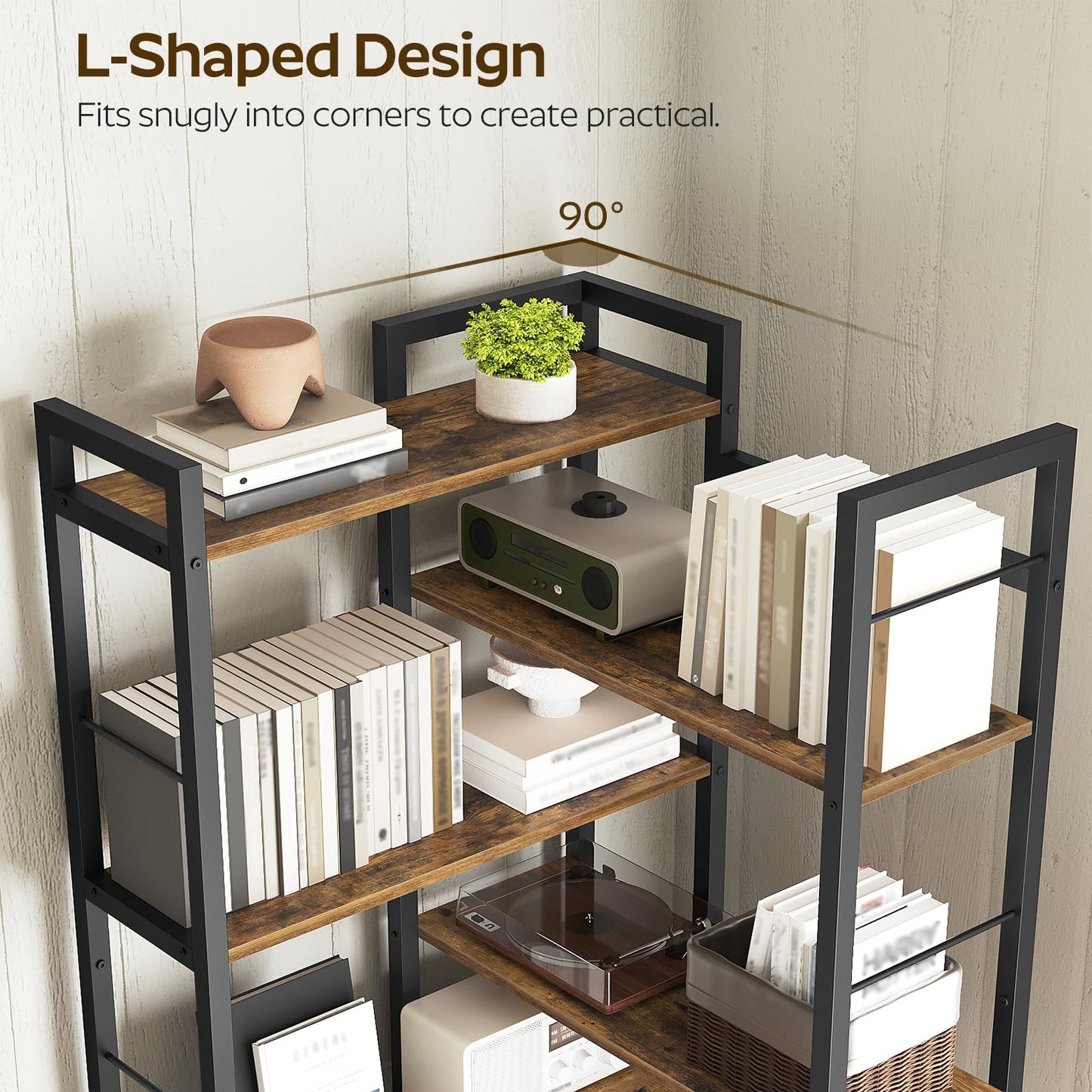 YATINEY Corner Bookshelf, 7 Tier L-Shaped Bookcase with 3 Drawers, Storage Corner Shelf, Freestanding Tall Display Shelf, Industrial Style, for Living Room, Home Office, Rustic Brown and Black SJ10BR YATINEY