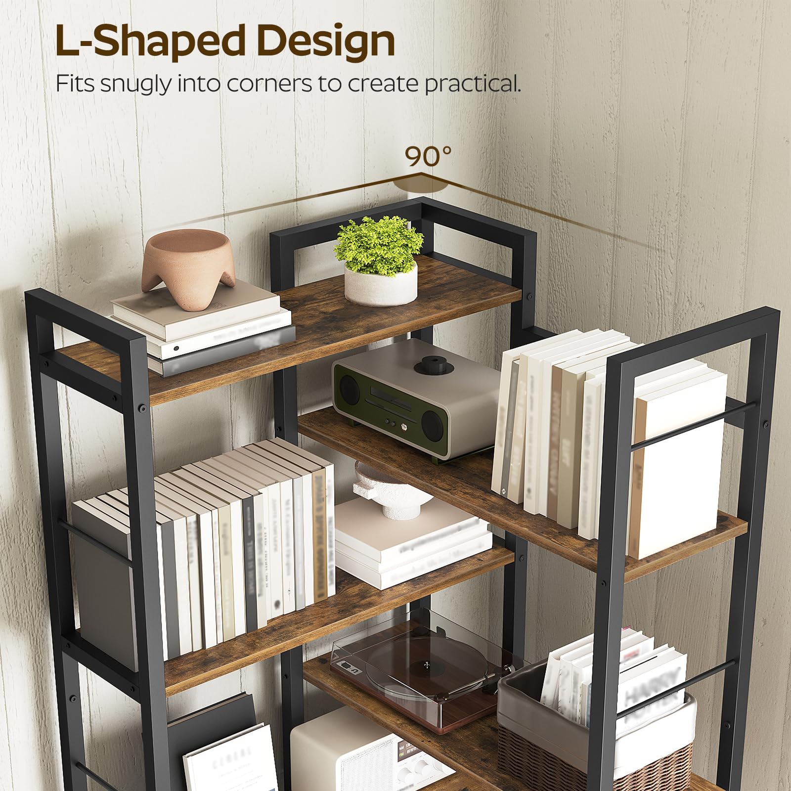 YATINEY Corner Bookshelf, 7 Tier L-Shaped Bookcase with 3 Drawers, Storage Corner Shelf, Freestanding Tall Display Shelf, Industrial Style, for Living Room, Home Office, Rustic Brown and Black SJ10BR YATINEY