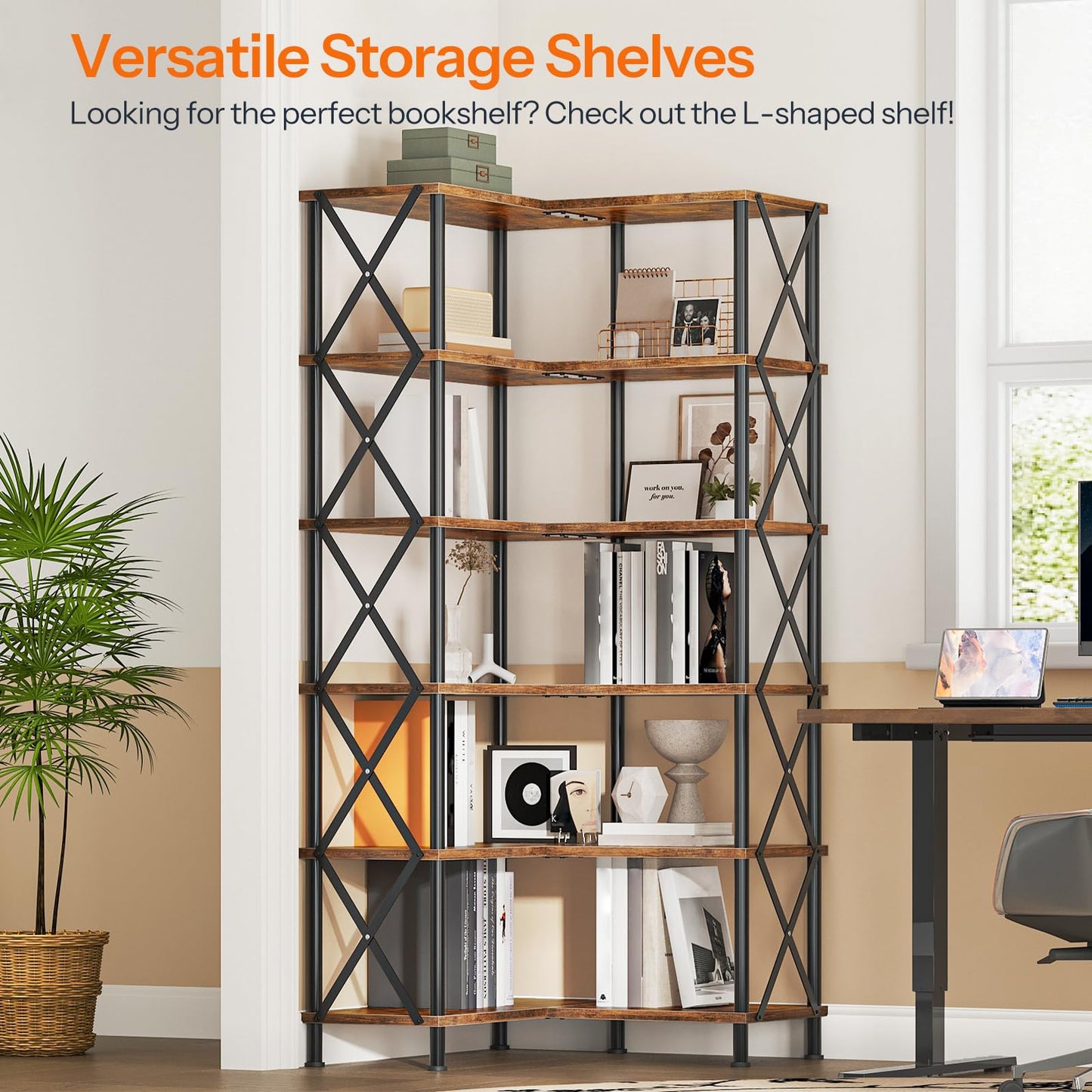HOOBRO Corner Bookshelf, 6-Tier L-Shaped Bookcase, Industrial Open Display Shelf Tall Storage Organizer, Vertical Storage Rack, for Living Room, Home Office, Rustic Brown and Black BF61SJ01 HOOBRO