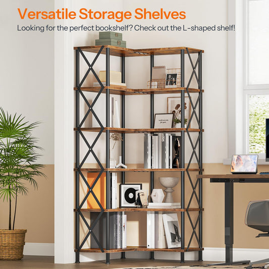 HOOBRO Corner Bookshelf, 6-Tier L-Shaped Bookcase, Industrial Open Display Shelf Tall Storage Organizer, Vertical Storage Rack, for Living Room, Home Office, Rustic Brown and Black BF61SJ01 HOOBRO