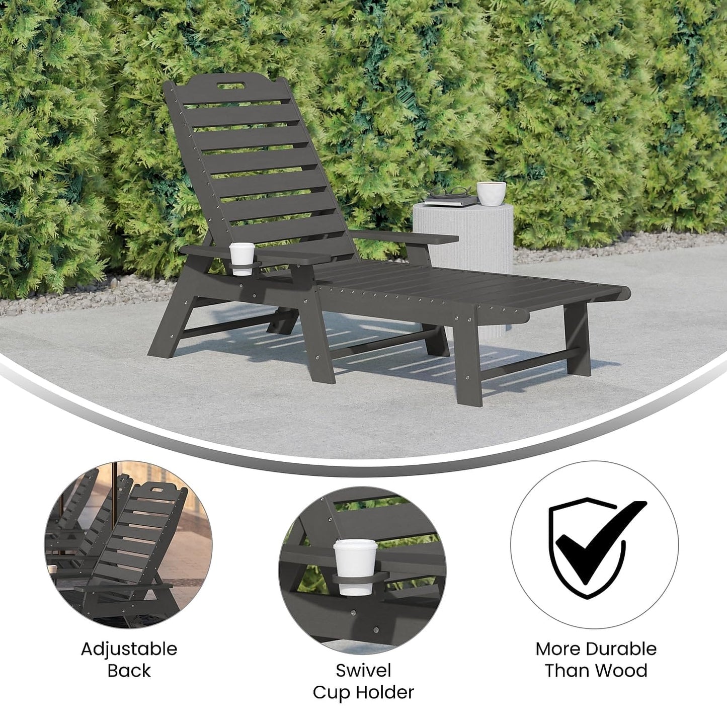Flash Furniture Monterey Adjustable Adirondack Lounger with Cup Holder- All-Weather Indoor/Outdoor HDPE Lounge Chair, Gray ebuys