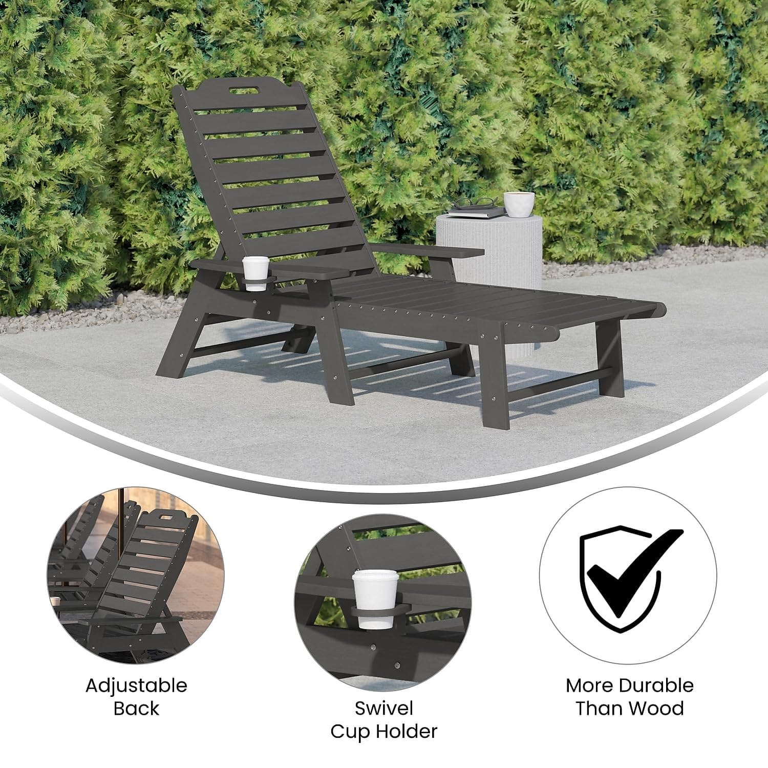 Flash Furniture Monterey Adjustable Adirondack Lounger with Cup Holder- All-Weather Indoor/Outdoor HDPE Lounge Chair, Gray ebuys