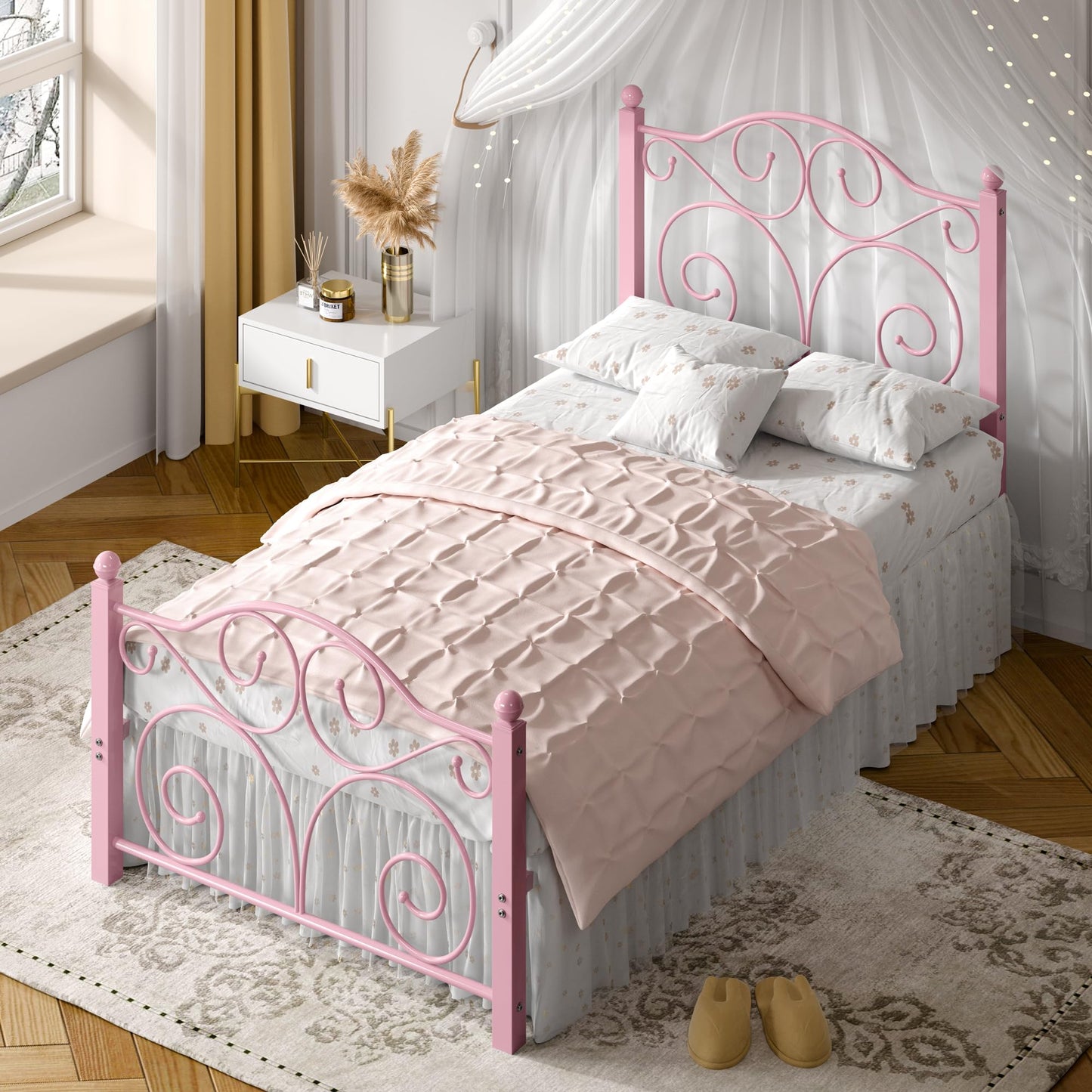 VECELO Twin Size Bed Frame with Headboard and Footboard, Heavy Duty Metal Slat Support, Platform Mattress Foundation, No Box Spring Needed, Easy Assembly, Pink VECELO