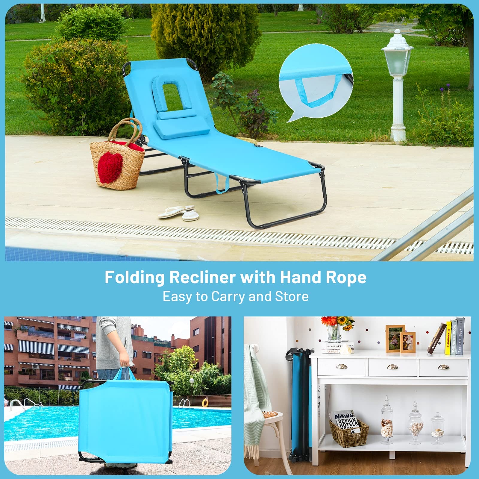 Giantex Outdoor Chaise Lounge Chair - Folding Beach Chair with 5 Adjustable Positions, Hole, Detachable Pillow, Hand Ropes, Lounger for Sunbathing, Poolside, Yard, Patio Lawn Chair ebuys