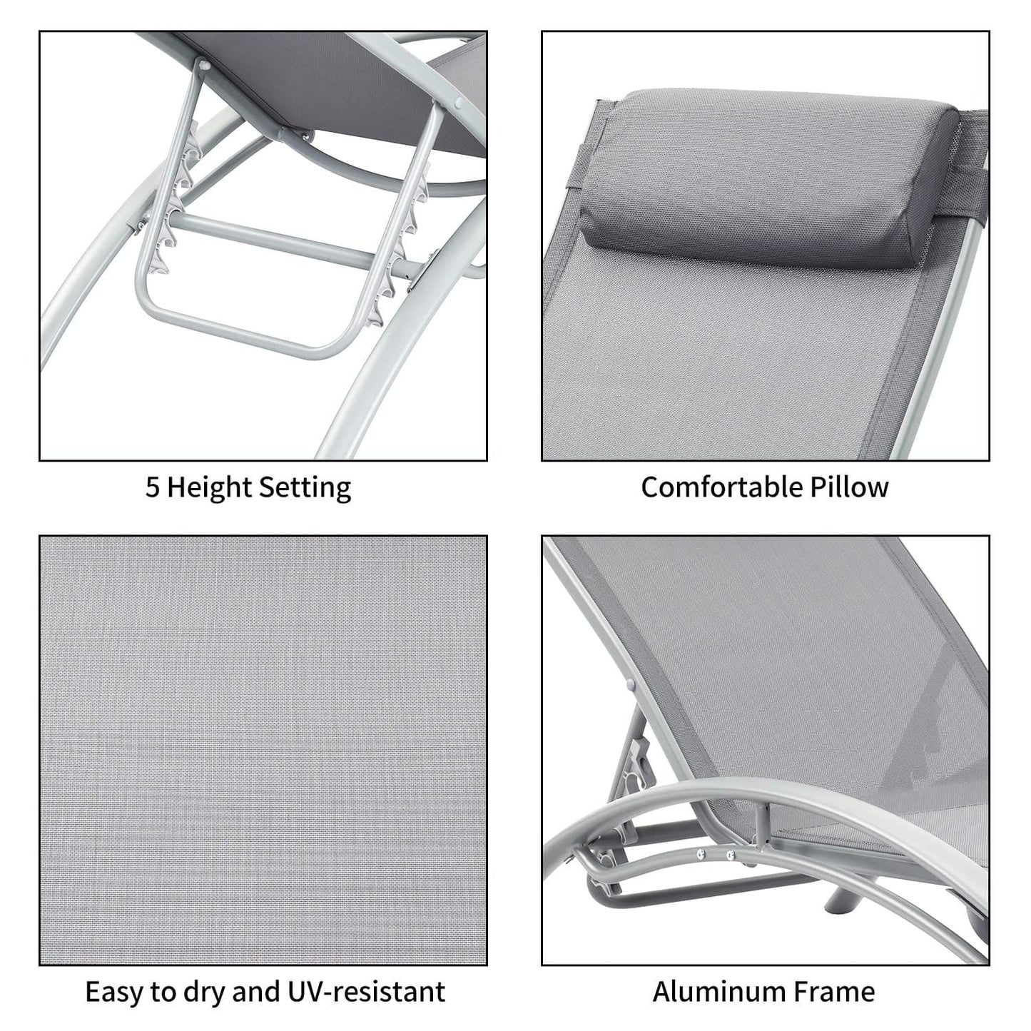 Outdoor Patio Lounge Chairs Aluminum Pool Chaise Lounges Adjustable for All Weather for Beach Backyard（2-Pack Gray ebuys