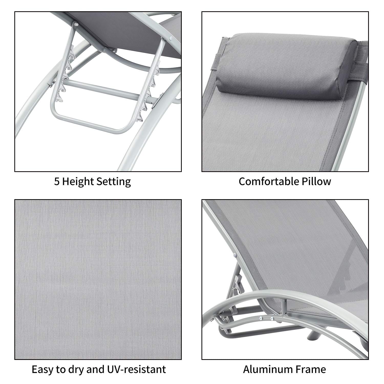 Outdoor Patio Lounge Chairs Aluminum Pool Chaise Lounges Adjustable for All Weather for Beach Backyard（2-Pack Gray ebuys