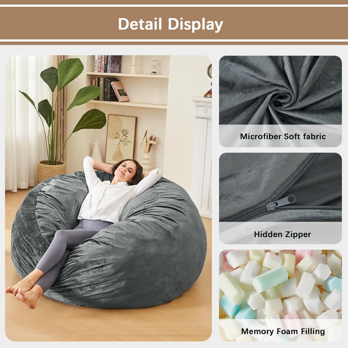 Bean Bag Chairs for Adults - 3' Memory Foam Furniture BeanBag Chair - Kids/Teens Sofa with Soft Micro Fiber Cover - Round Fluffy Couch for Living Room Bedroom College Dorm - 3 ft, Grey ebuys