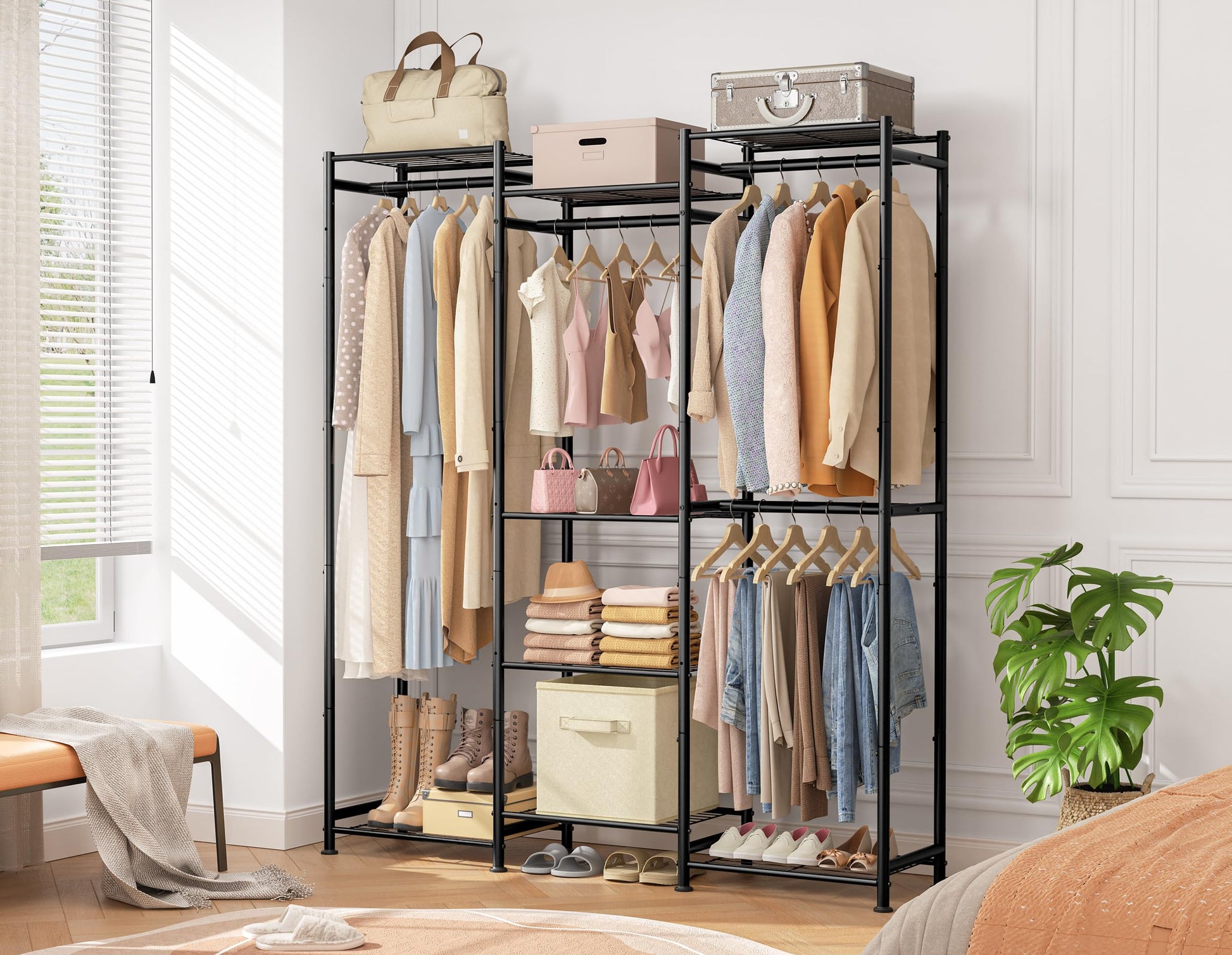 HOMIDEC Wardrobe Closet, 4 Hanging Spaces Portable Clothes Rack,Free Standing Closet Organizer and Storage System with Hanging Rods,Clothing Rack Suitable for Cloakroom,Bedroom,Entrances,etc.Black HOMIDEC