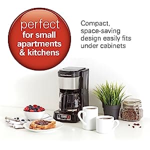 Hamilton Beach 5 Cup Compact Drip Coffee Maker with Programmable Clock, Glass Carafe, Auto Pause and Pour, Black & Stainless Steel (46111) ebuystt