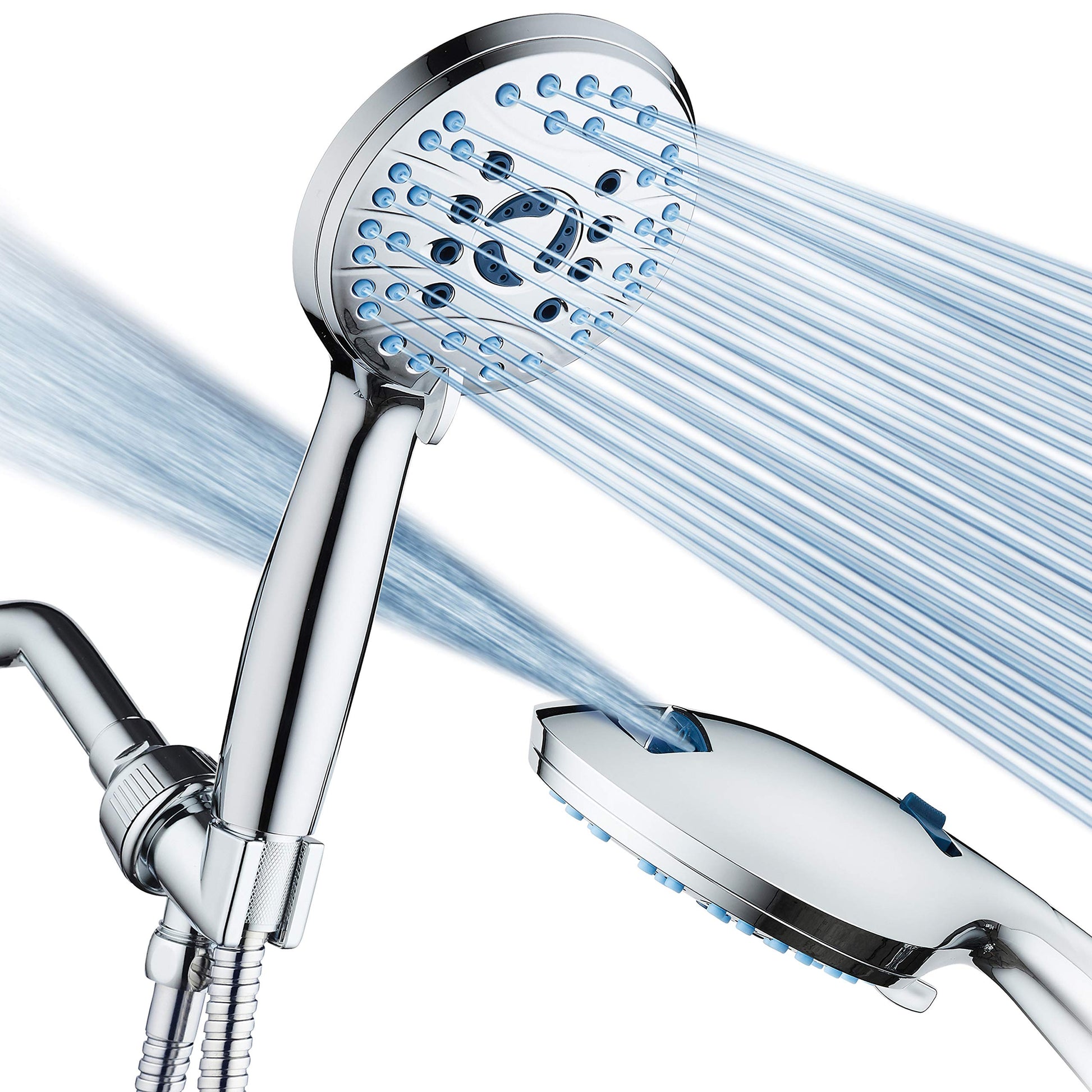 AquaCare High Pressure 8-mode Handheld Shower Head - Anti-clog Nozzles, Built-in Power Wash to Clean Tub, Tile & Pets, Extra Long 6 ft. Stainless Steel Hose, Wall & Overhead Brackets Hotel Spa