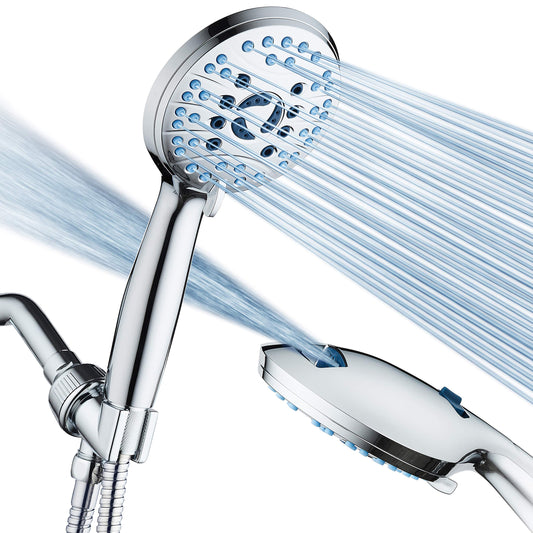 AquaCare High Pressure 8-mode Handheld Shower Head - Anti-clog Nozzles, Built-in Power Wash to Clean Tub, Tile & Pets, Extra Long 6 ft. Stainless Steel Hose, Wall & Overhead Brackets Hotel Spa