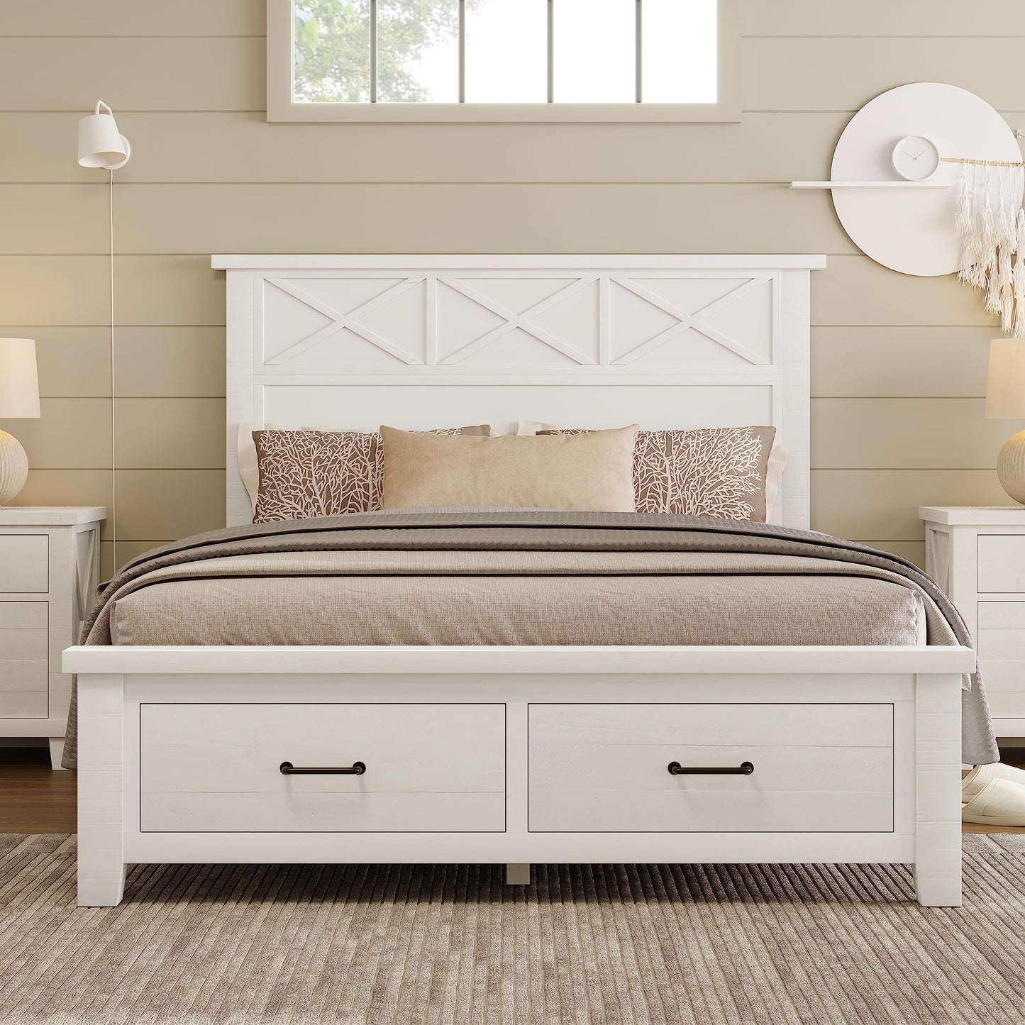Rustic Farmhouse Style Queen Platform Storage Bed with Two Drawers,White ebuystt