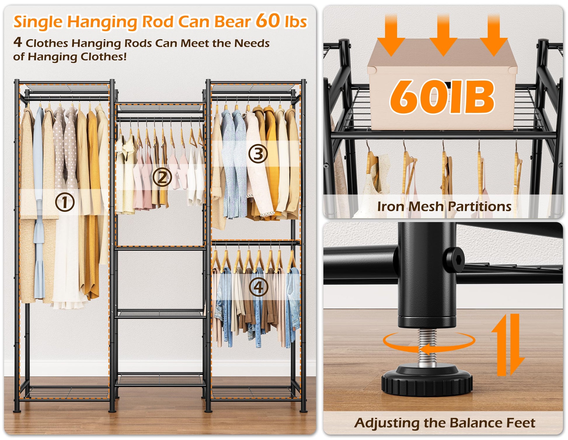 HOMIDEC Wardrobe Closet, 4 Hanging Spaces Portable Clothes Rack,Free Standing Closet Organizer and Storage System with Hanging Rods,Clothing Rack Suitable for Cloakroom,Bedroom,Entrances,etc.Black HOMIDEC