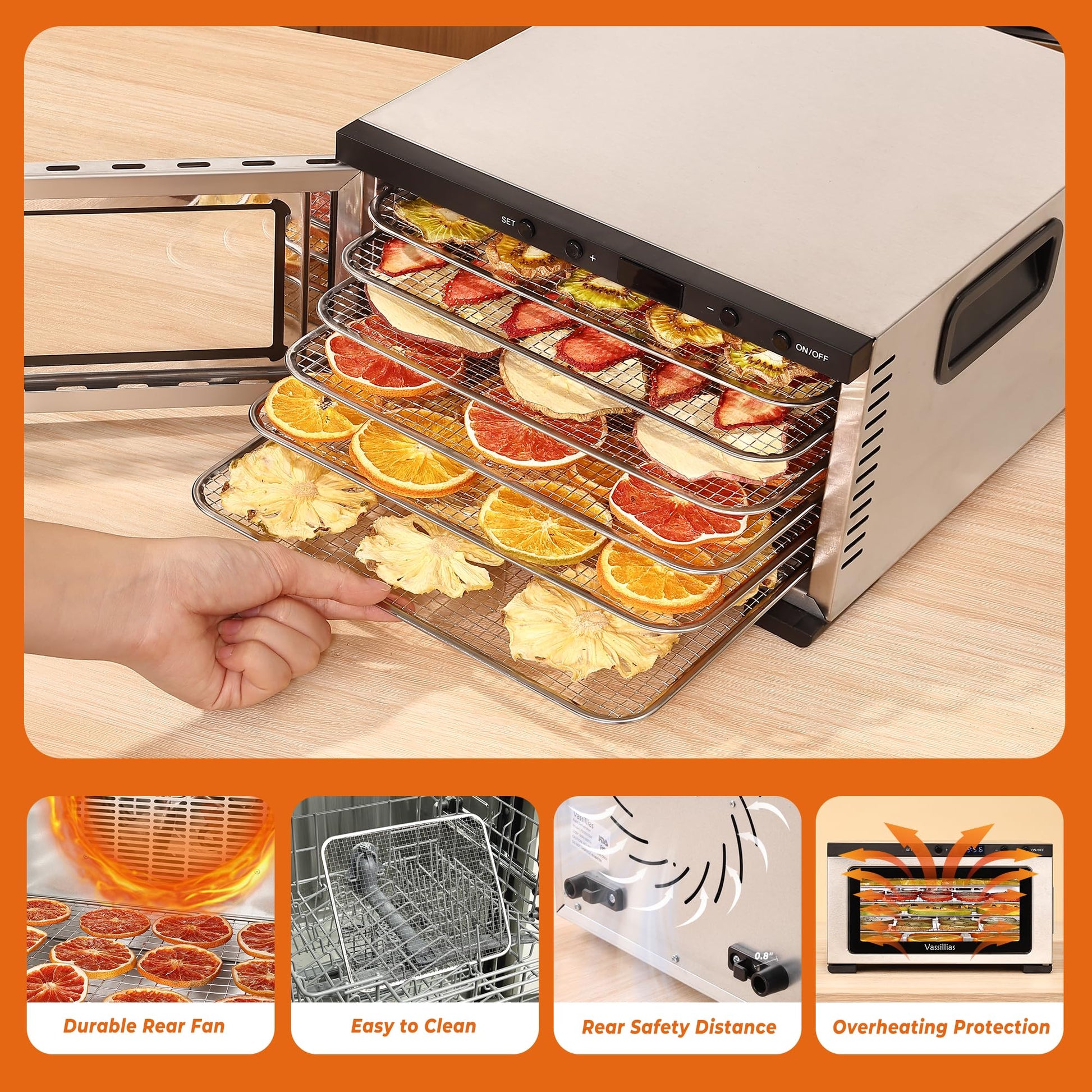 Stainless Steel Mini Food Dehydrator Dryer- 6 Stainless Steel Trays, Digital Adjustable Timer, 400W, 176°F, Temperature Control, for Jerky, Herb, Meat, Beef, Fruit and Pet Treats, Model 2016YJ, Silver vassillias