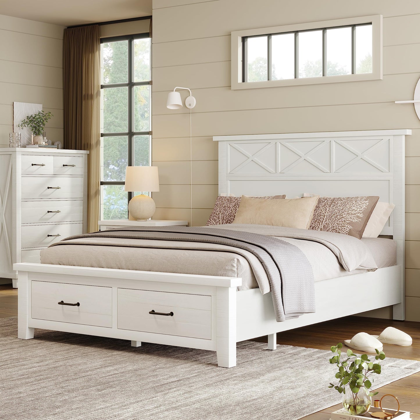 Rustic Farmhouse Style Queen Platform Storage Bed with Two Drawers,White ebuystt
