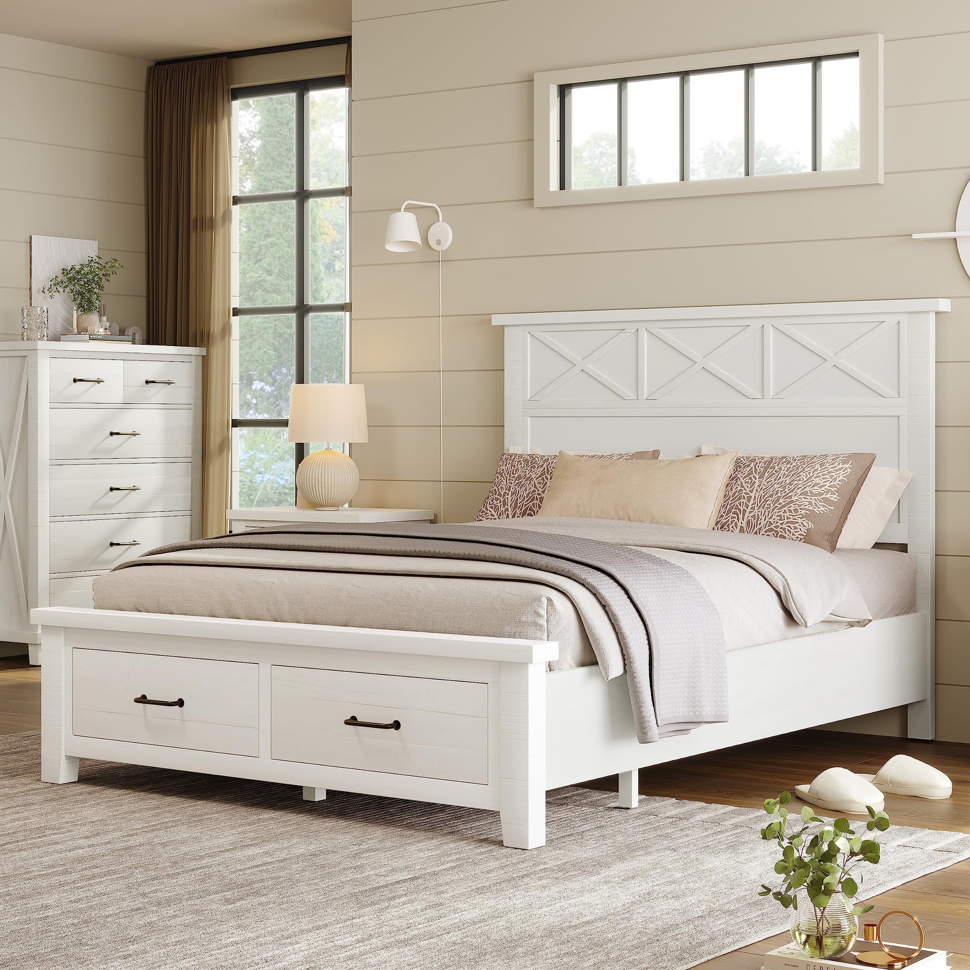 Rustic Farmhouse Style Queen Platform Storage Bed with Two Drawers,White ebuystt