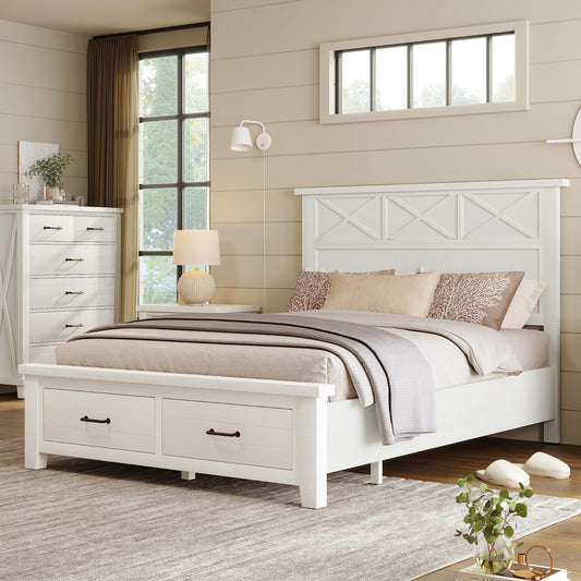 Rustic Farmhouse Style Queen Platform Storage Bed with Two Drawers,White ebuystt