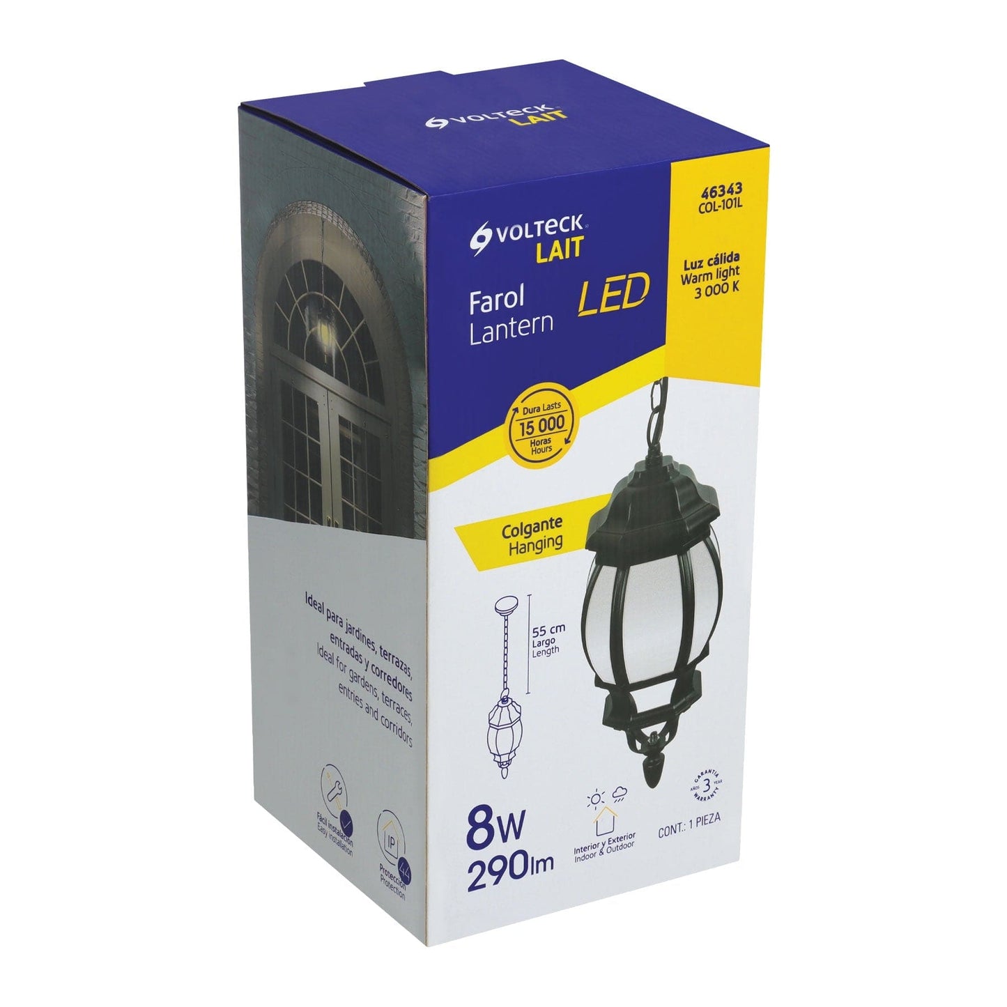 Voltech Ceiling Hanging Lantern, Black Indoor / Outdoor Use Vintage Style 55cm Long Pendulum Lantern with White Frosted Glass , LED 290lumens , 8w Power Usage - Volteck 46343 mega